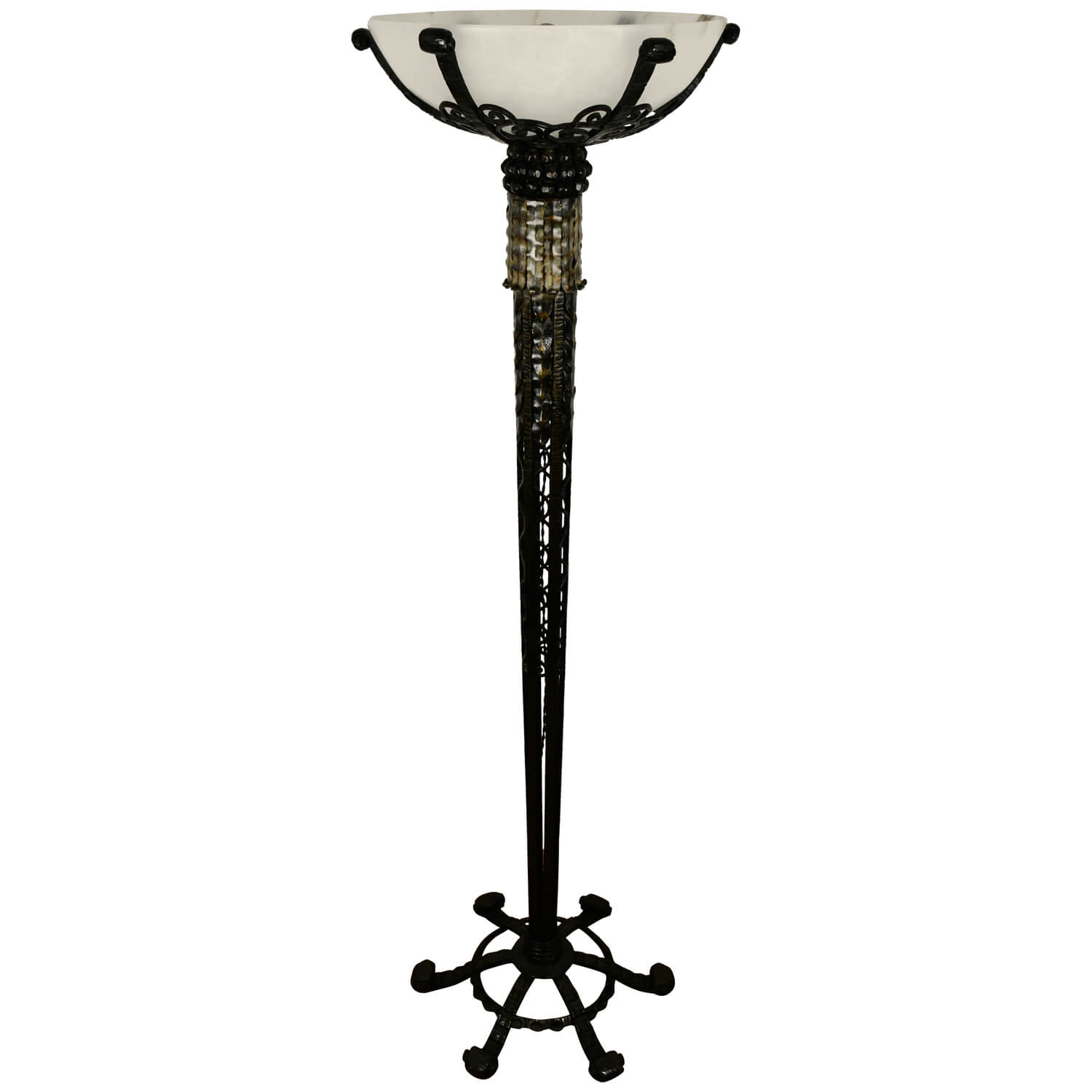 French Art Deco wrought iron and alabaster floorlamp.