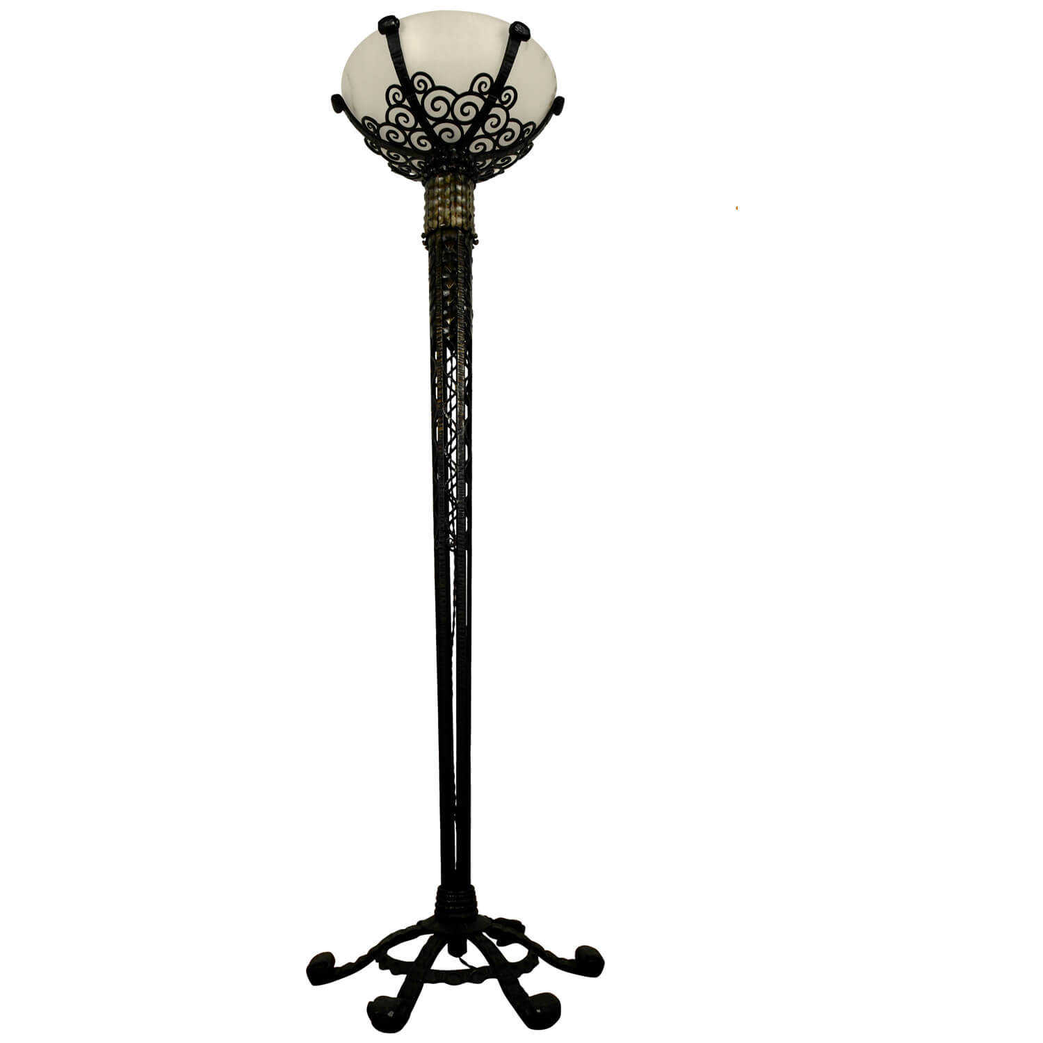 French Art Deco wrought iron and alabaster floorlamp.