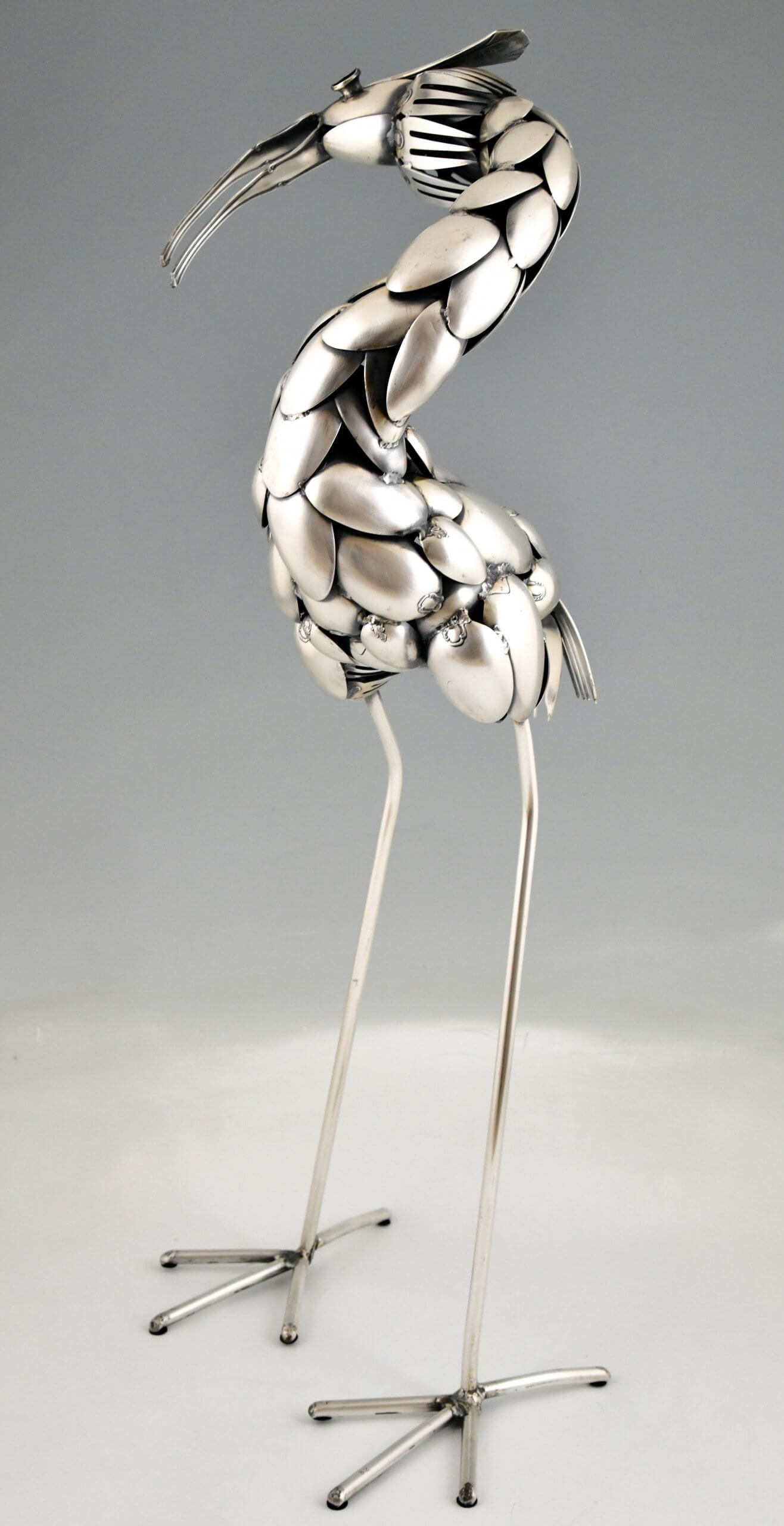 Mid Century cutlery sculpture of a heron bird 83 cm or 33 inch
