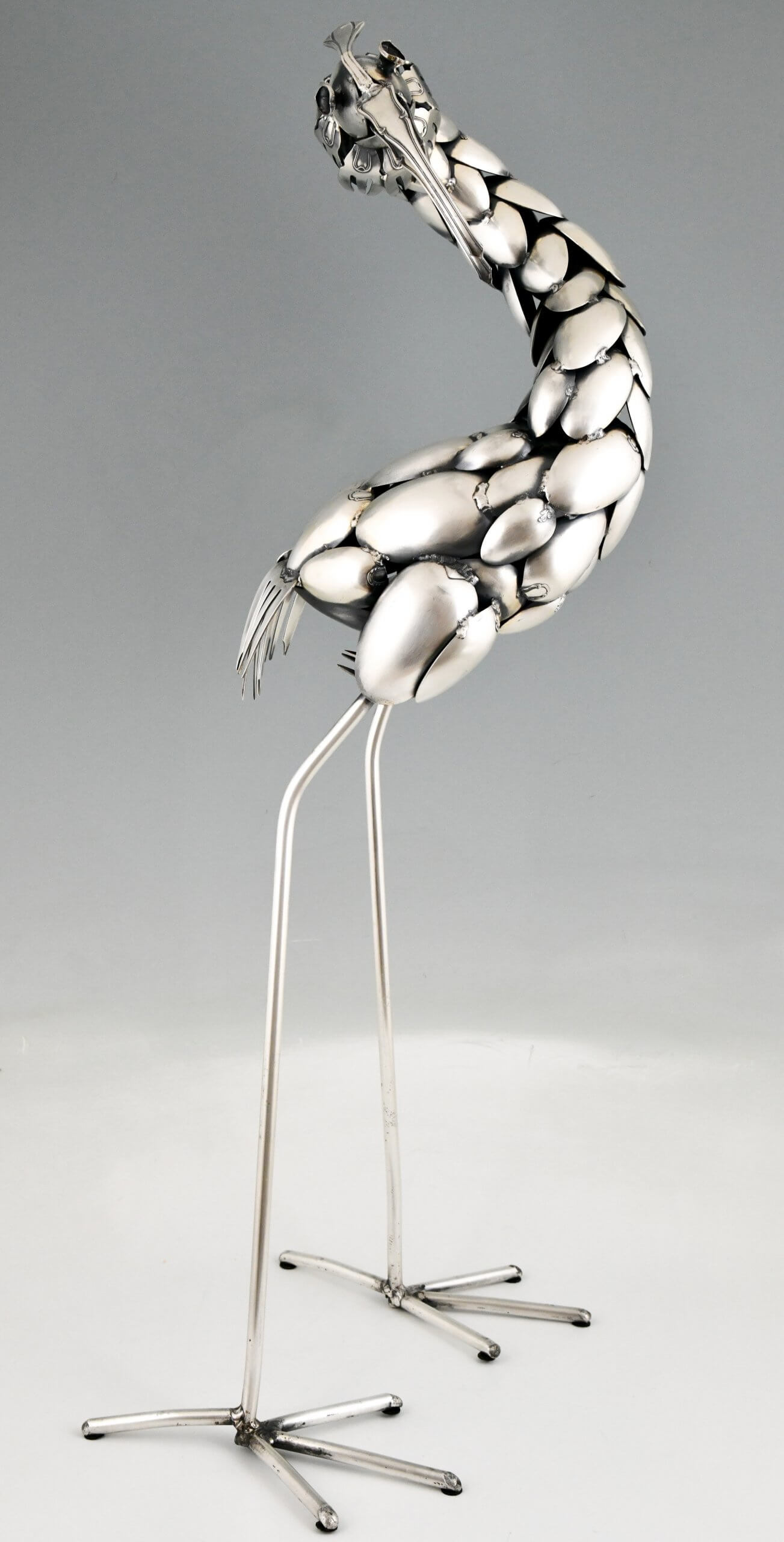 Mid Century cutlery sculpture of a heron bird 83 cm or 33 inch