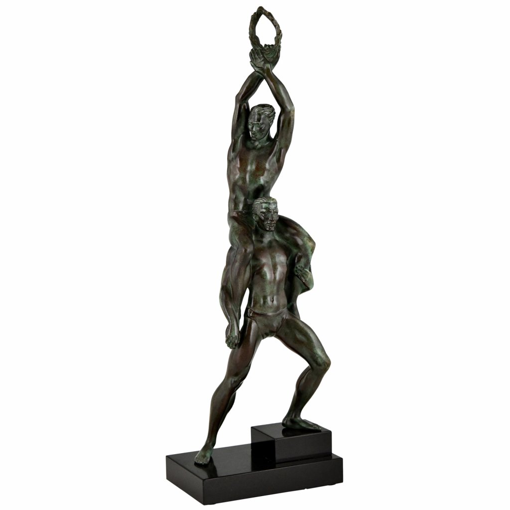 Art Deco sculpture of 2 athletes with laurel wreath. Deconamic