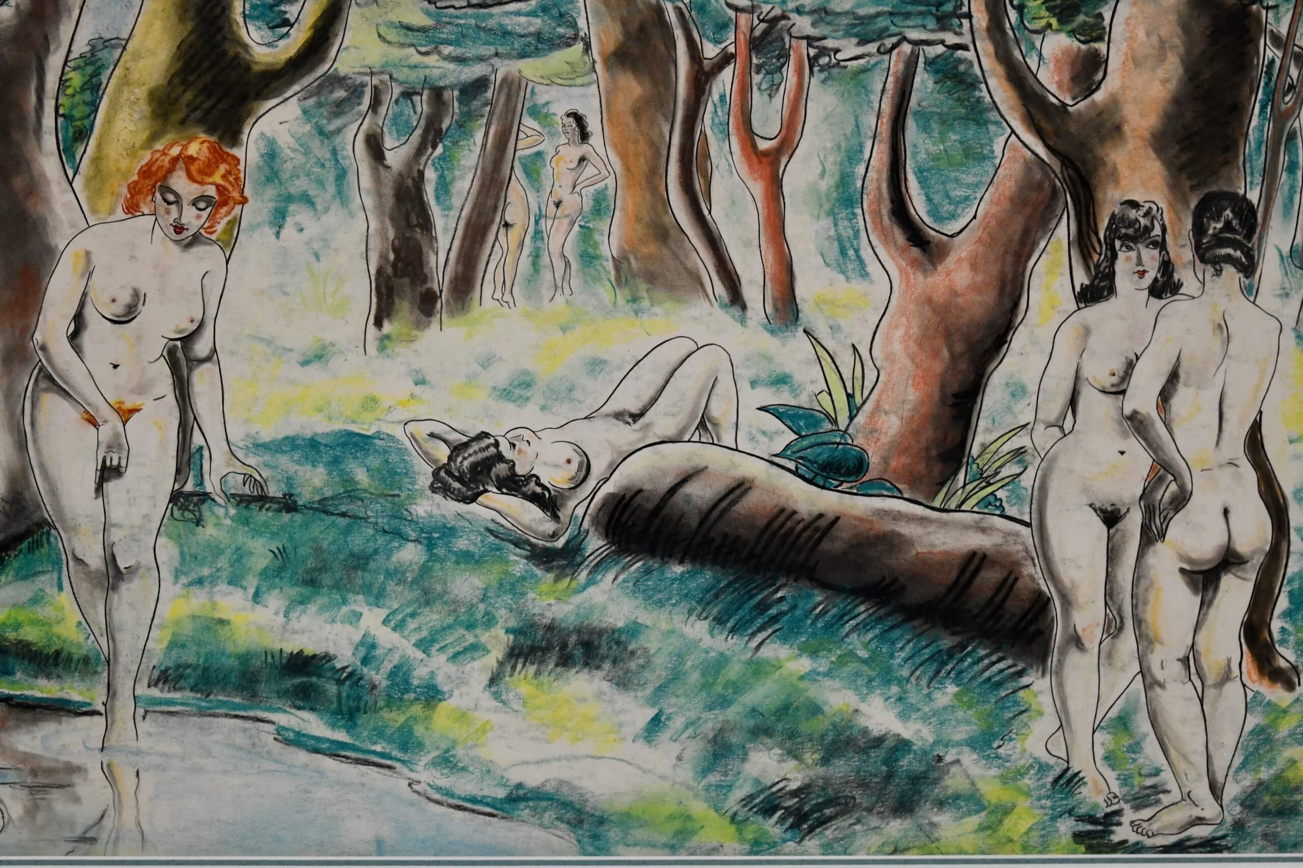 Art Deco Pastellmalerei Frauenakte in einer Landschaft