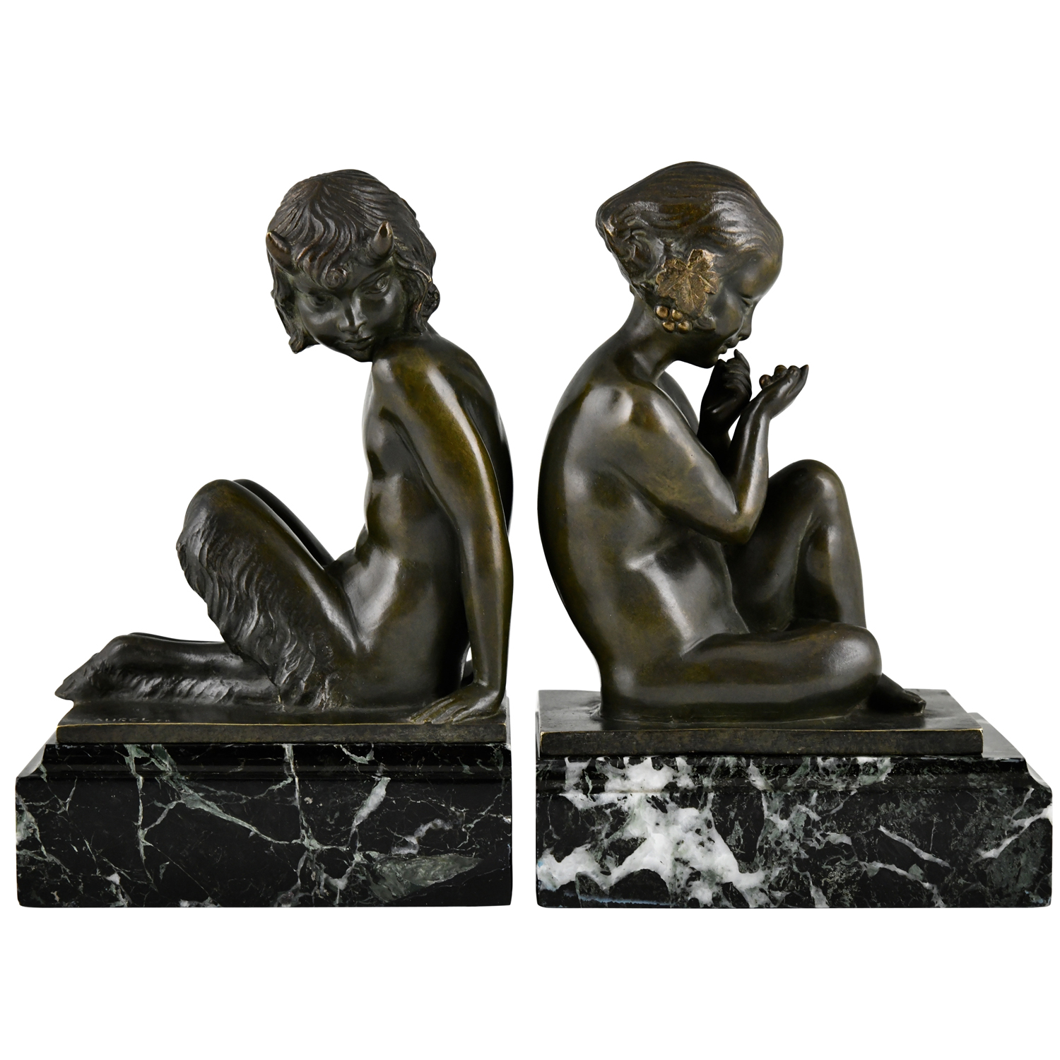 Art Deco bronze bookends Laurel faun and girl -