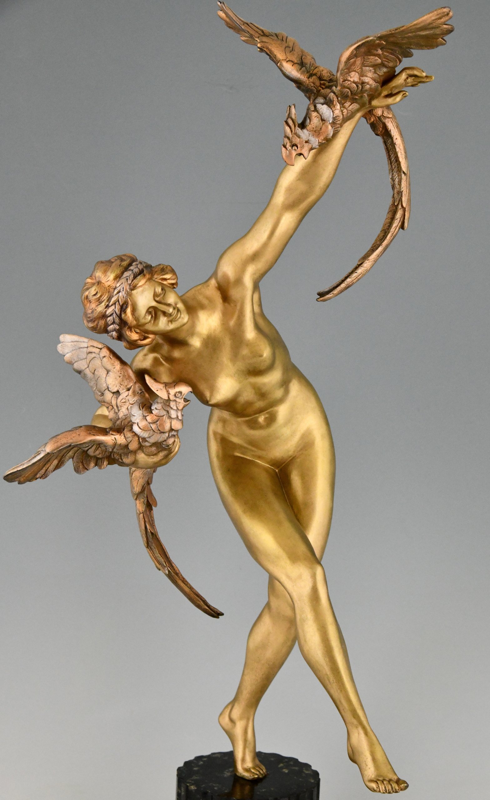 Art Deco bronze sculpture nude with parrots 76 cm.