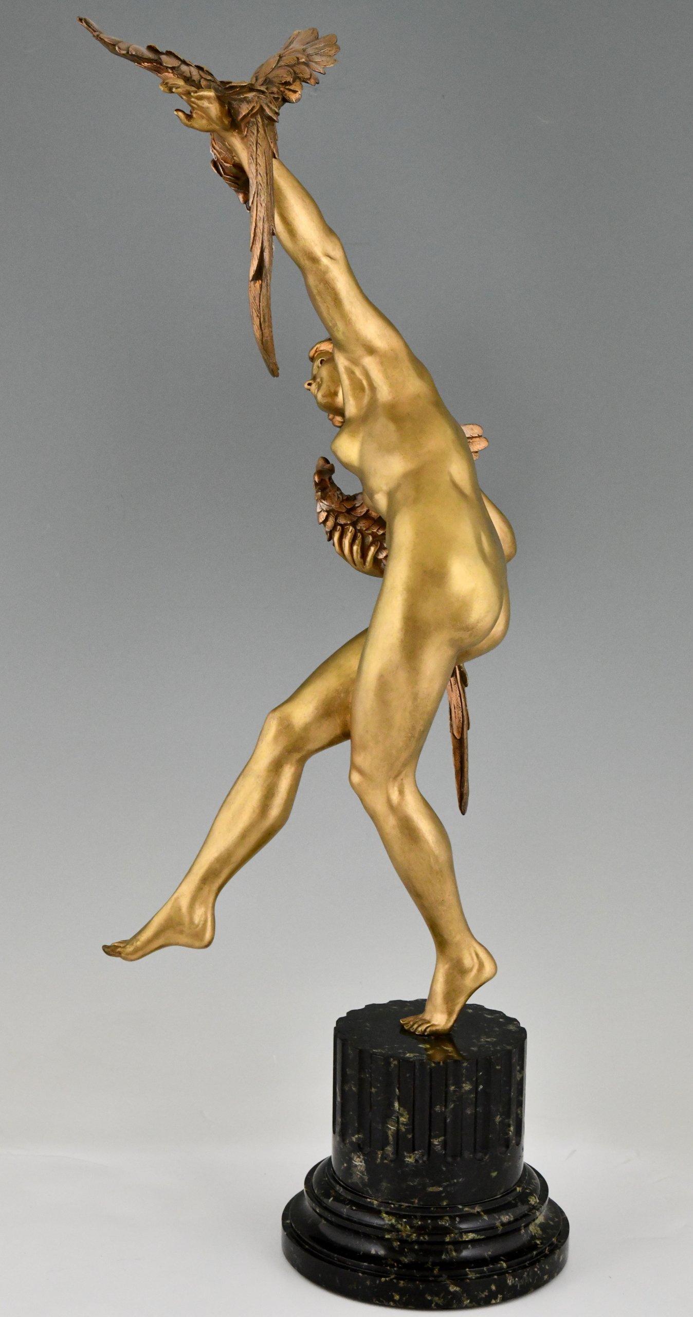 Art Deco bronze sculpture nude with parrots 76 cm.