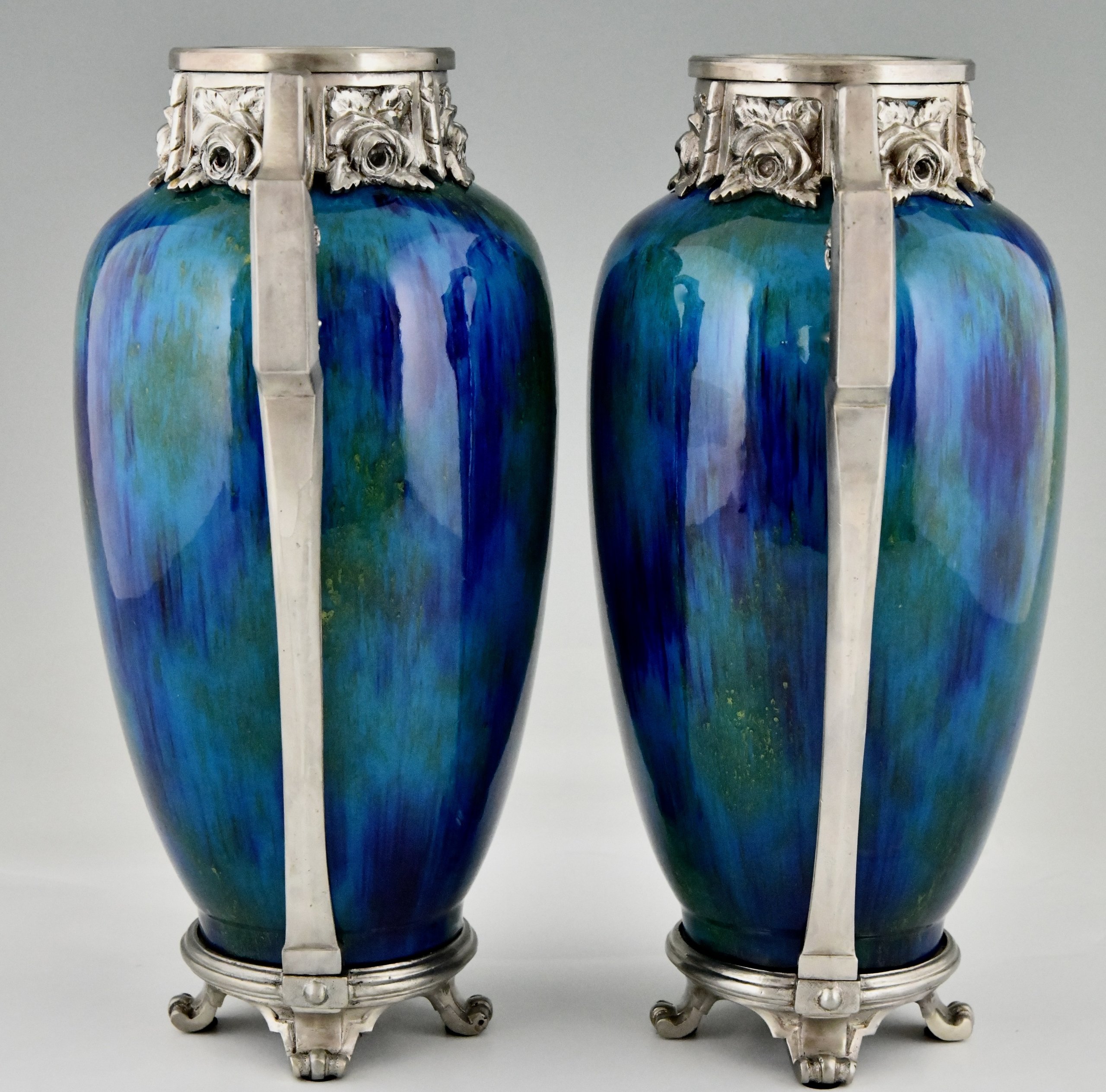 Art Deco blue ceramic and bronze vases