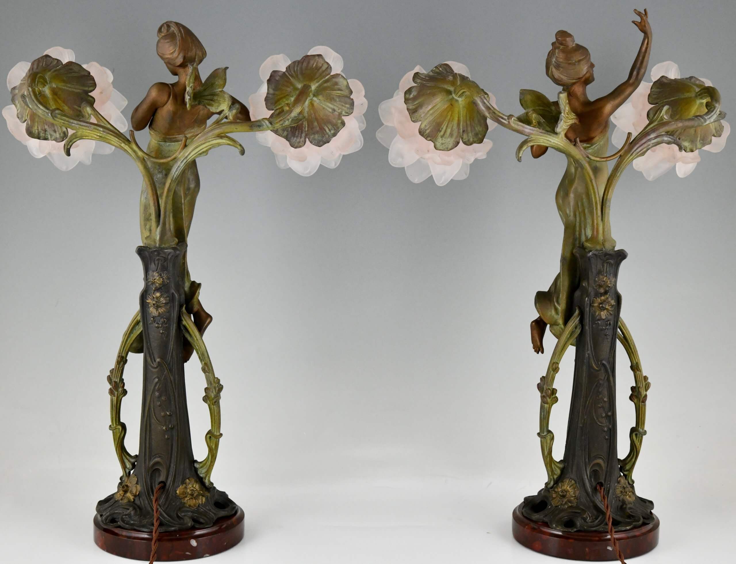 Pair of Art Nouveau lamps ladies and flowers