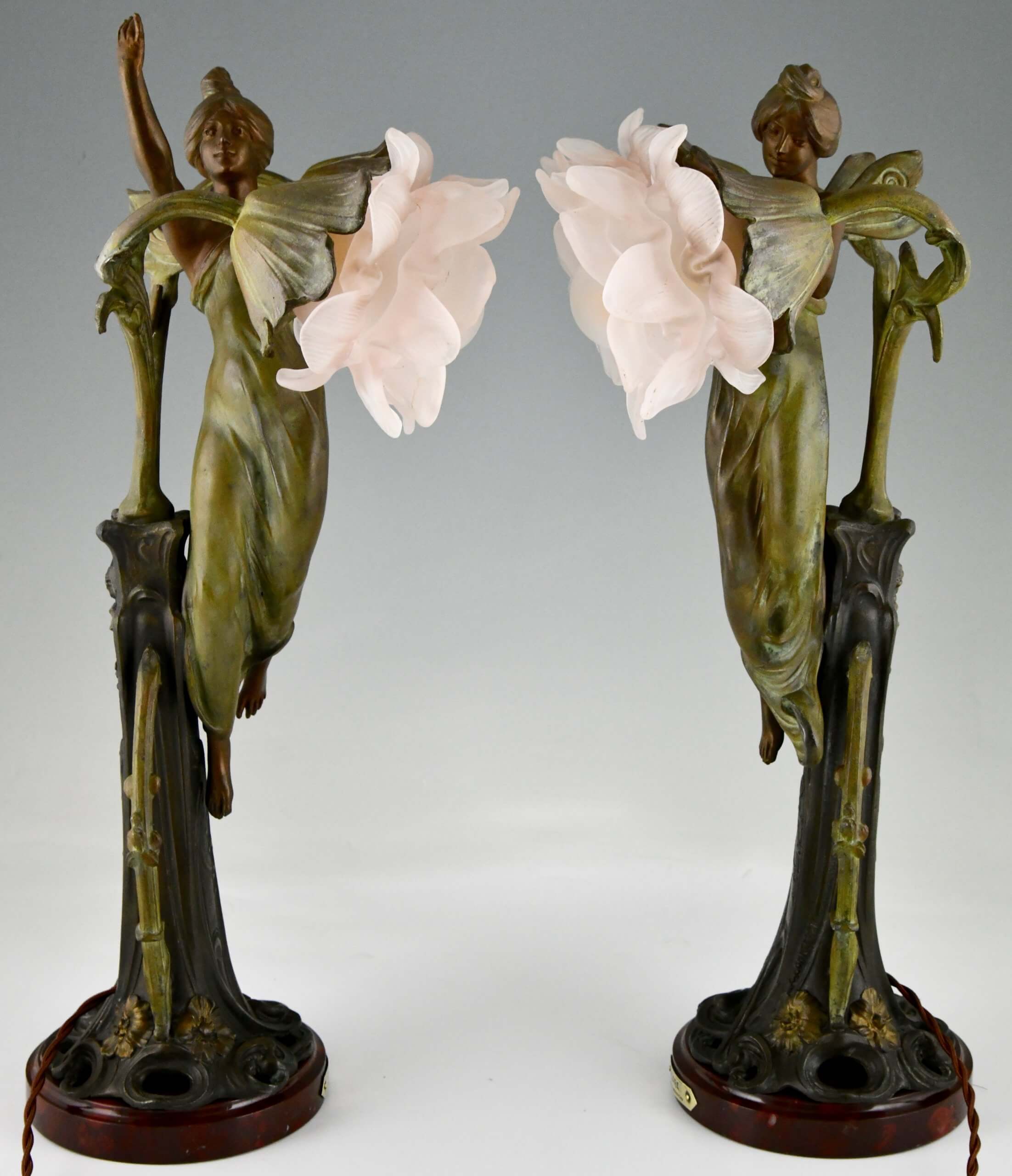 Pair of Art Nouveau lamps ladies and flowers