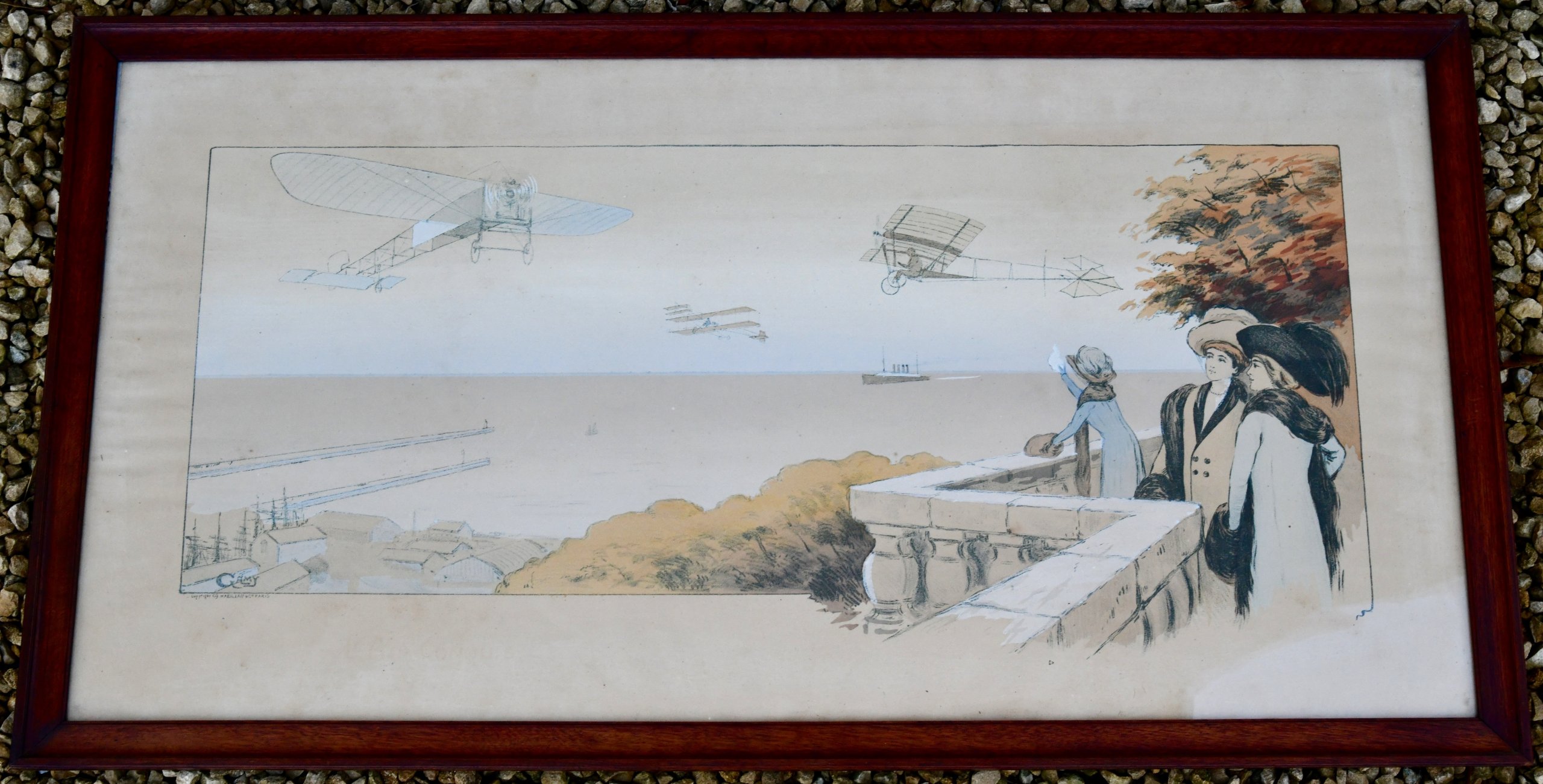 Pair of Art Nouveau lithographs with airplanes