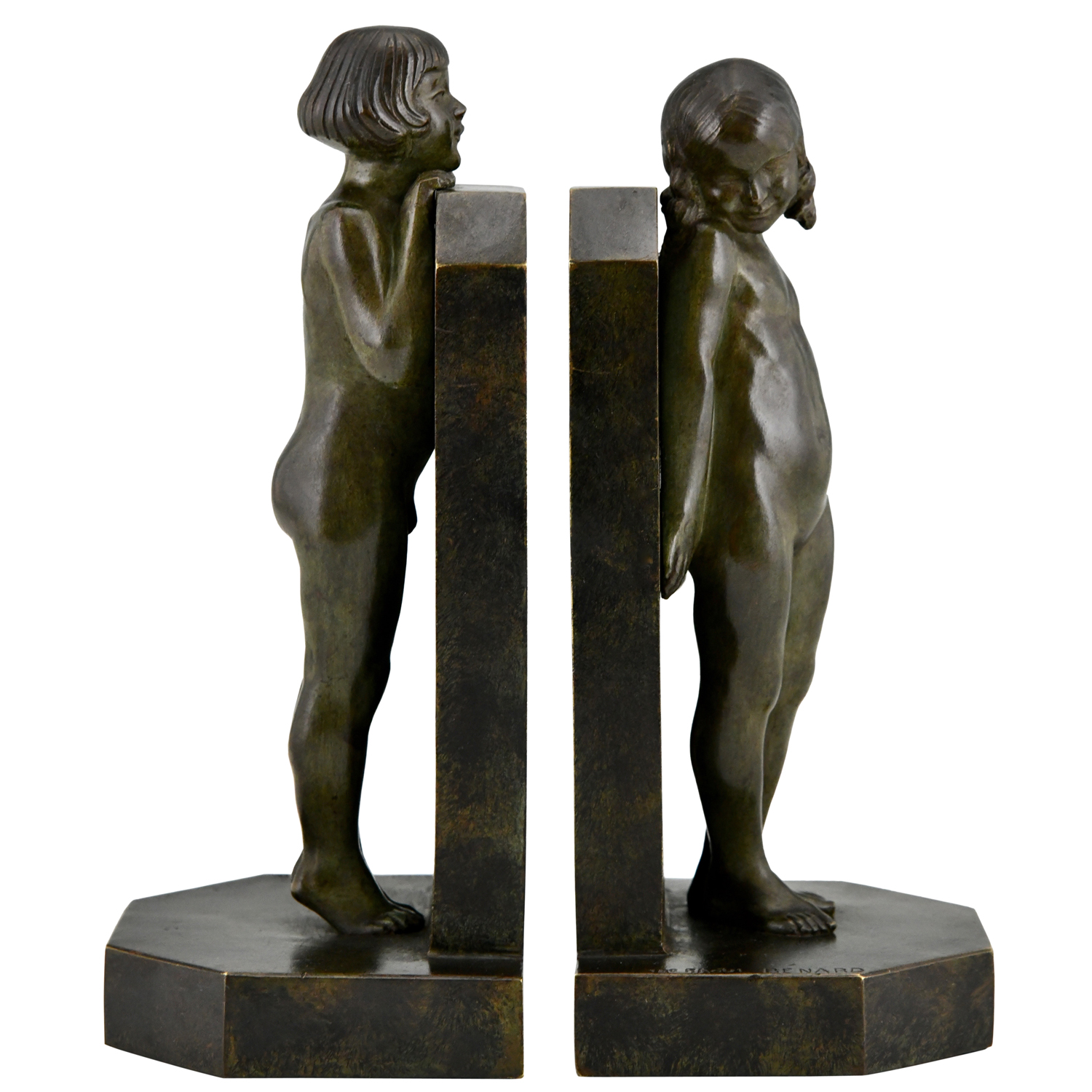 Art Deco bronze bookends boy and girl Raoul Benard -