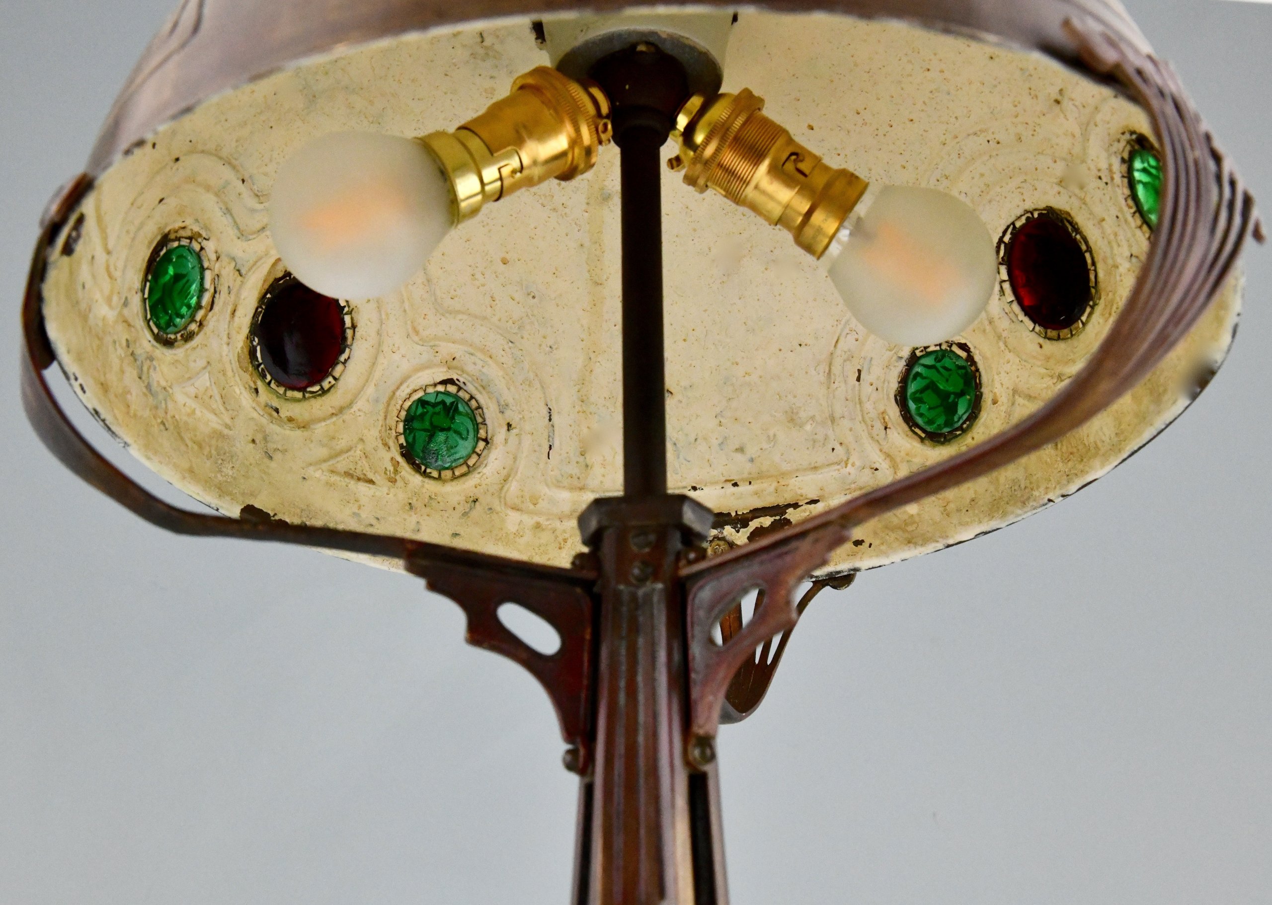Art nouveau bureaulamp met glas inleg