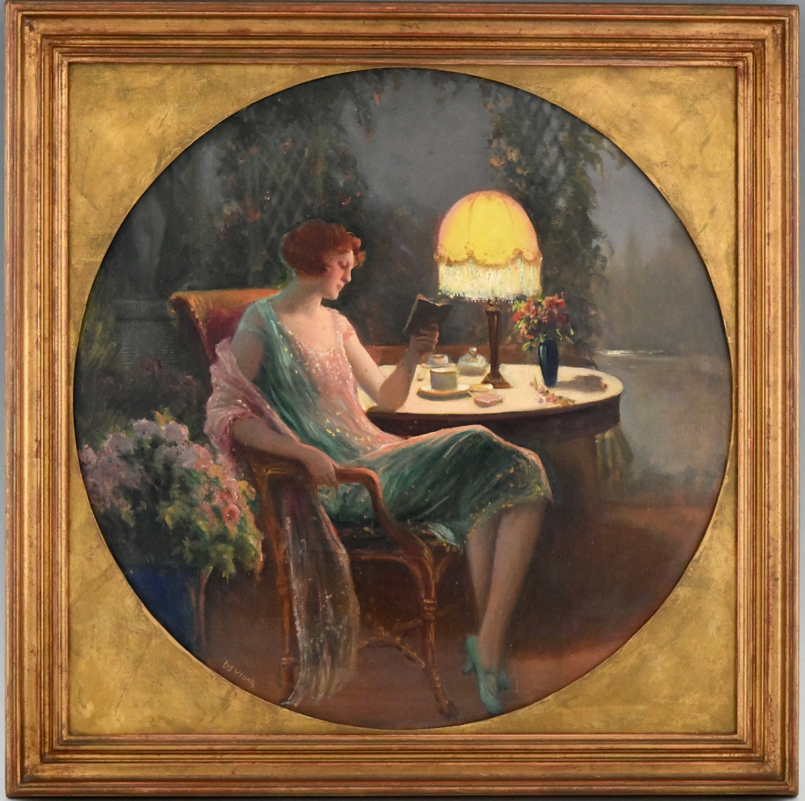Paar Jugendstil Gemälde Frau im Innenraum