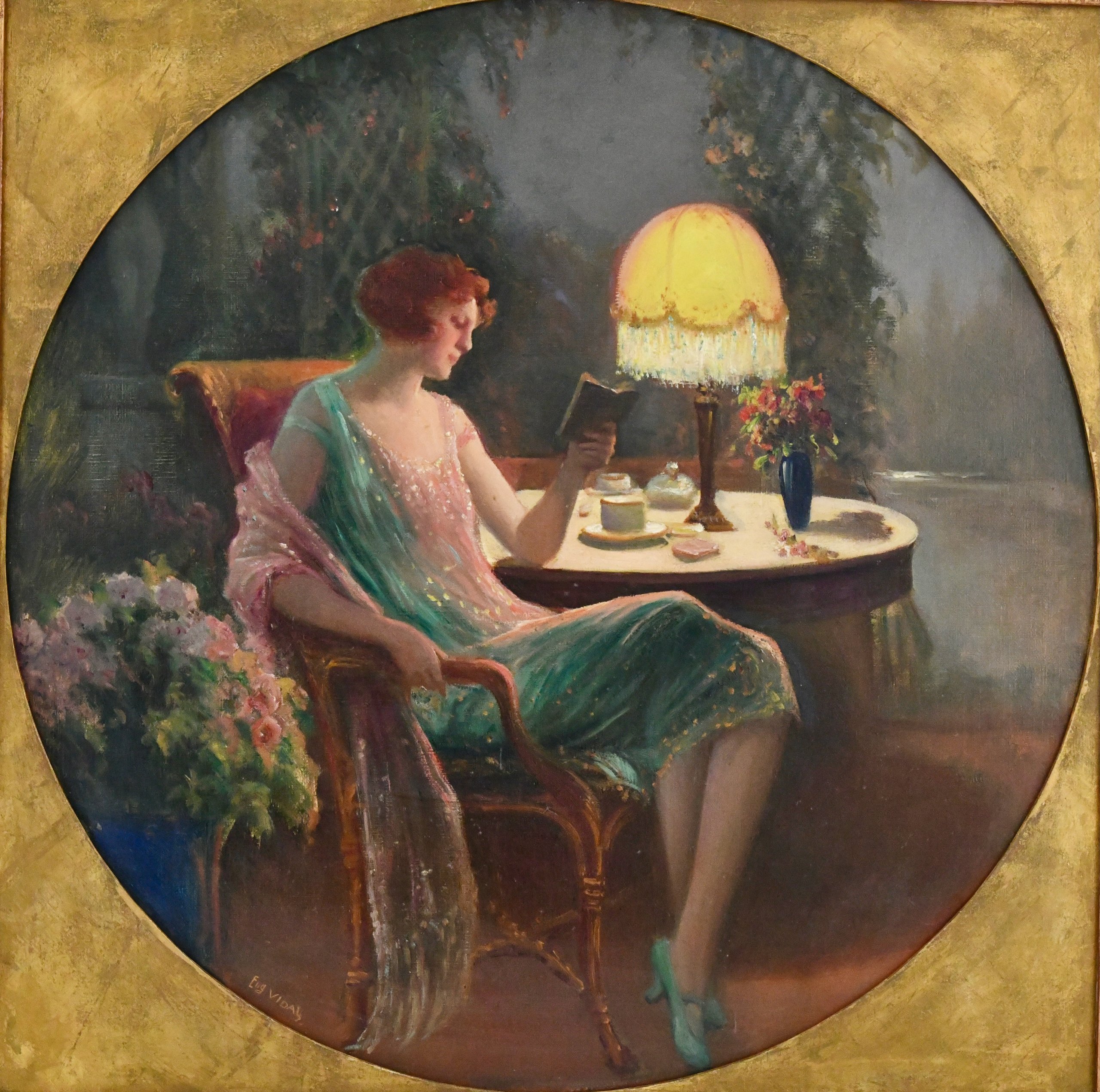 Pair of Art Nouveau paintings woman in interior
