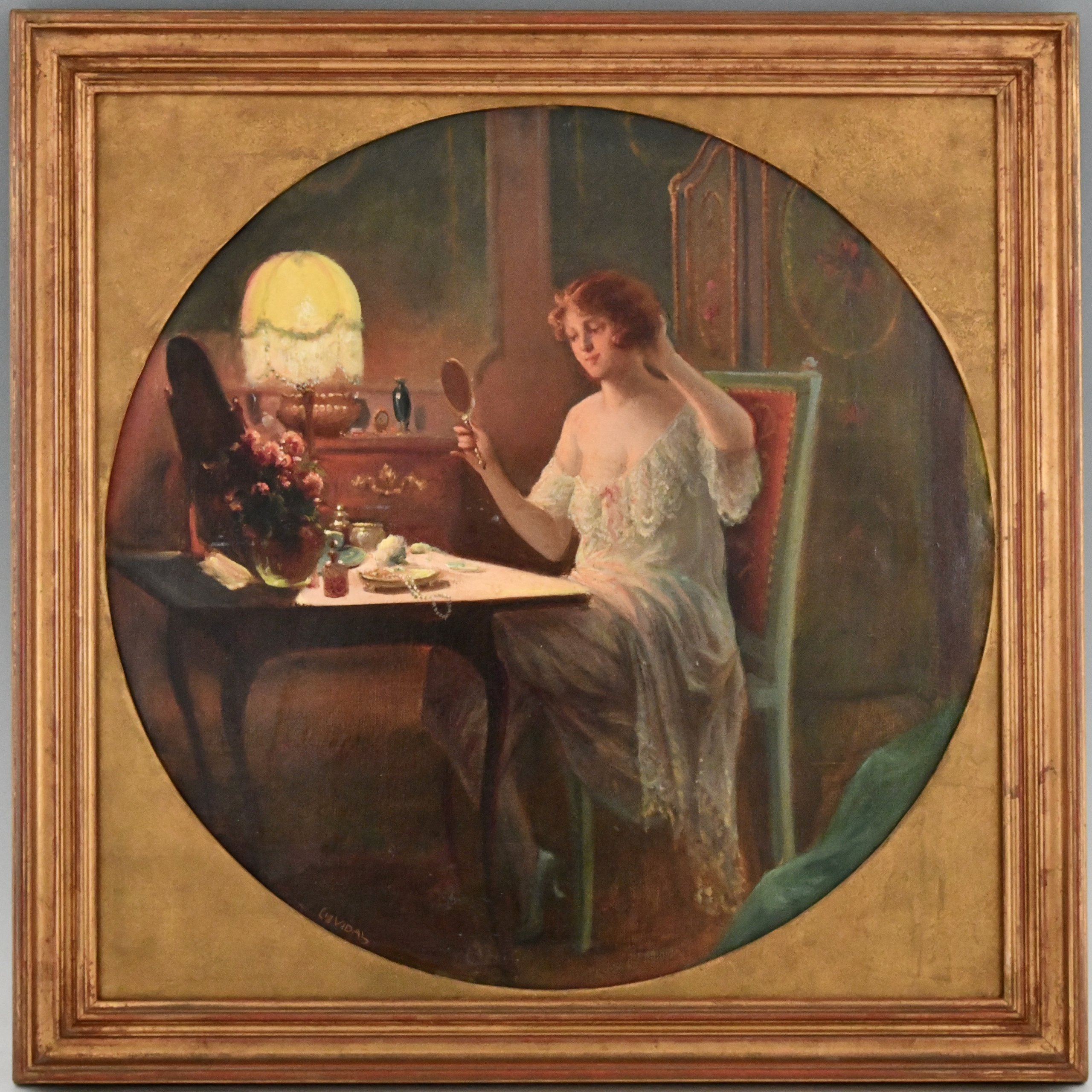 Paar Art Nouveau schilderijen vrouw in interieur