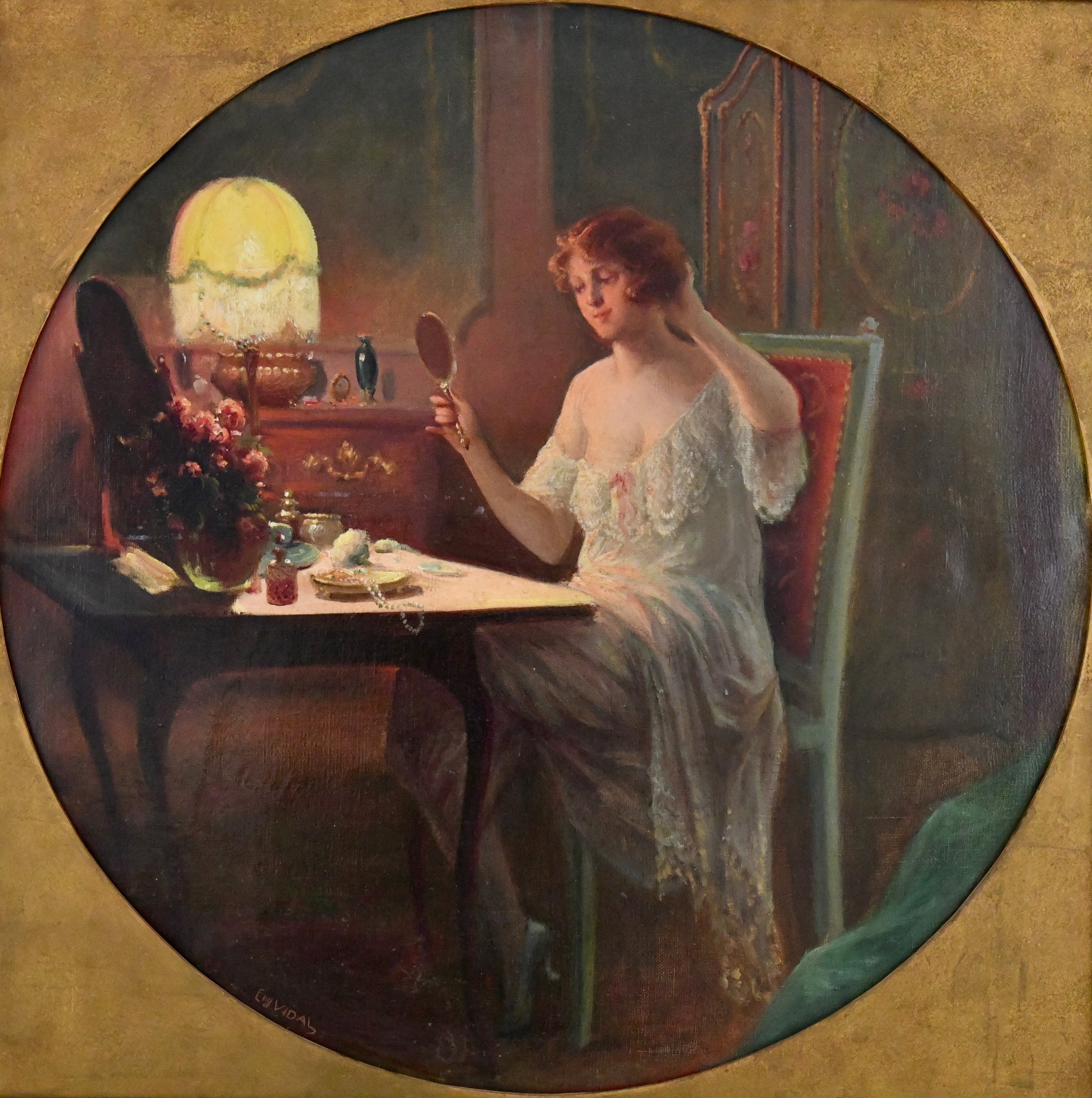 Paar Art Nouveau schilderijen vrouw in interieur