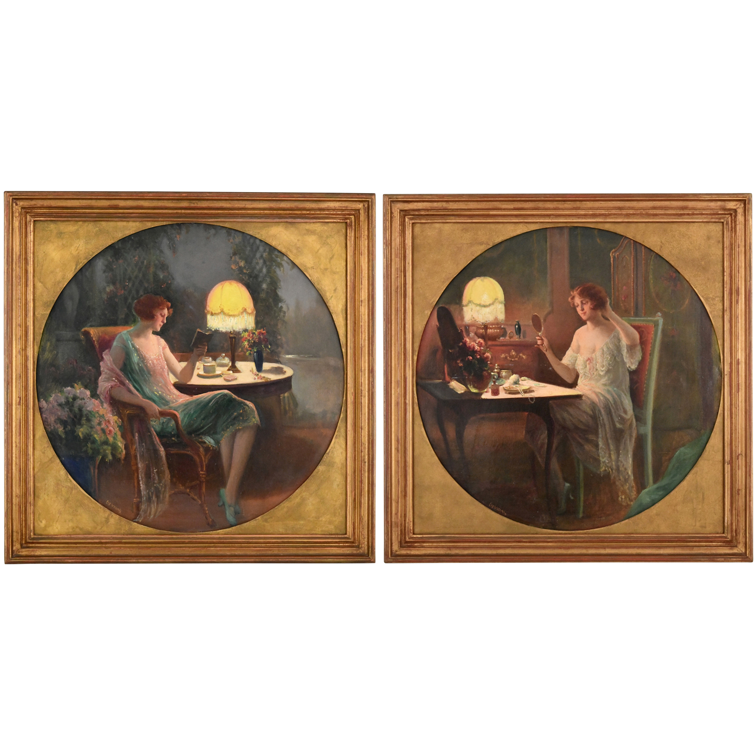 Pair of Art Nouveau paintings woman in interior Eugene Vidal paintings lady interior