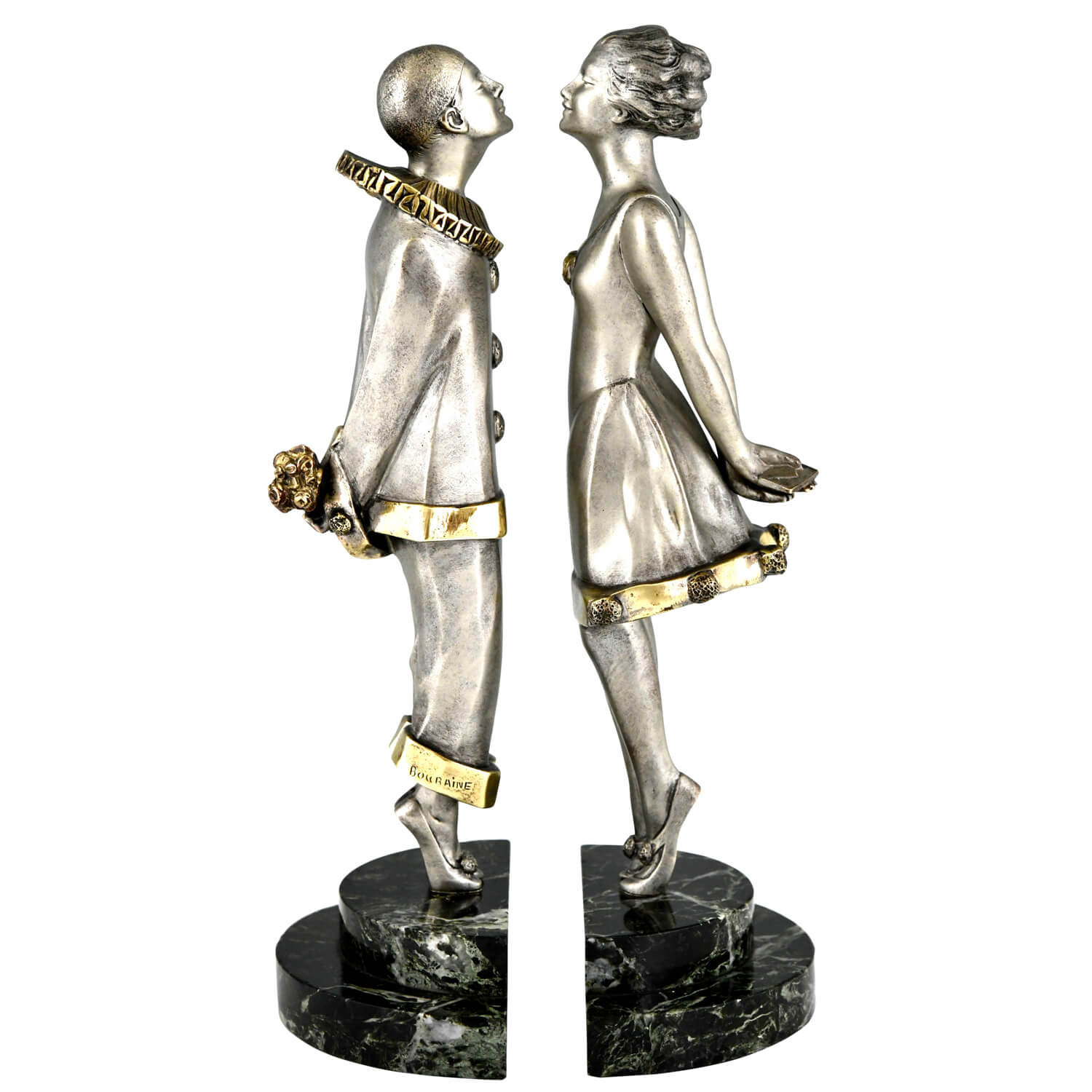 Art Deco bronze bookends Pierrot and girl by Bouraine