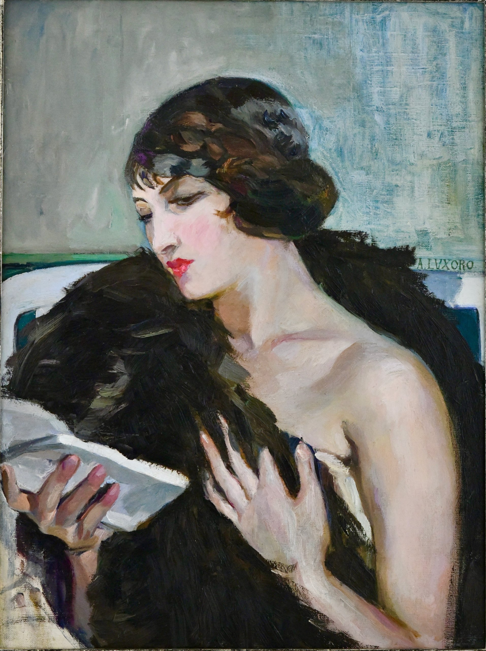 Art Deco painting elegant lady with book
