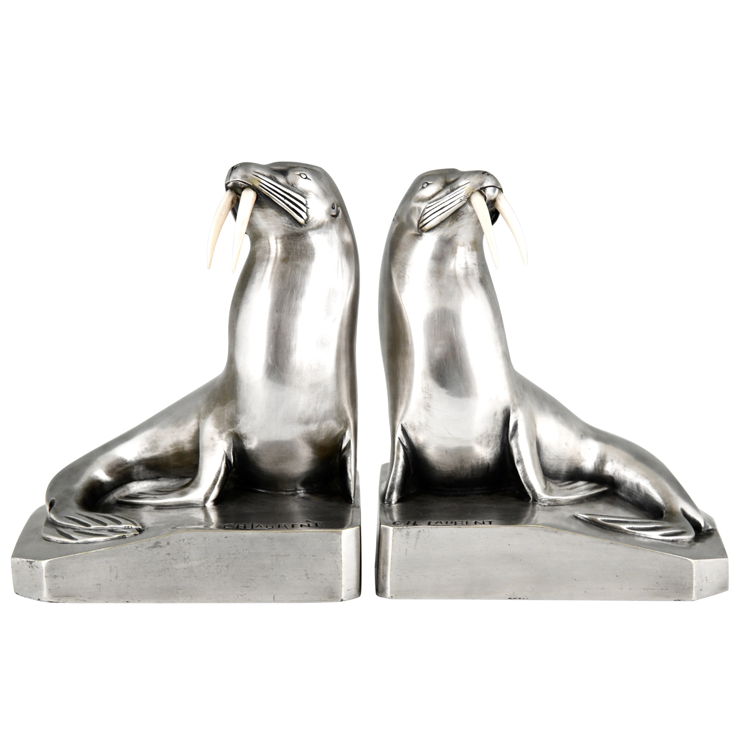 Art Deco silvered bronze walrus bookends by G.H. Laurent - 1