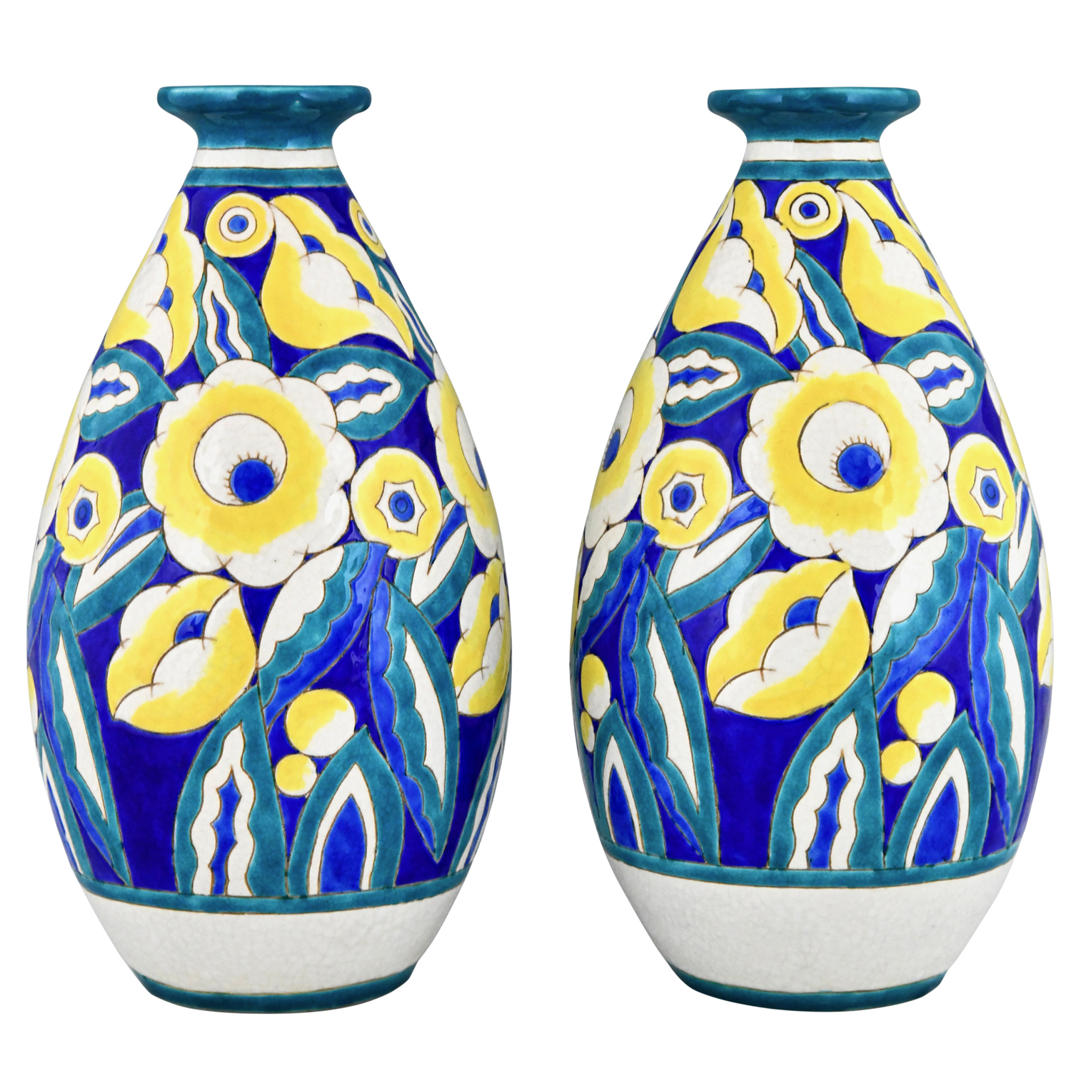 Paar Art Deco vazen in keramiek met bloemmotief Art deco vases Keramis flowers