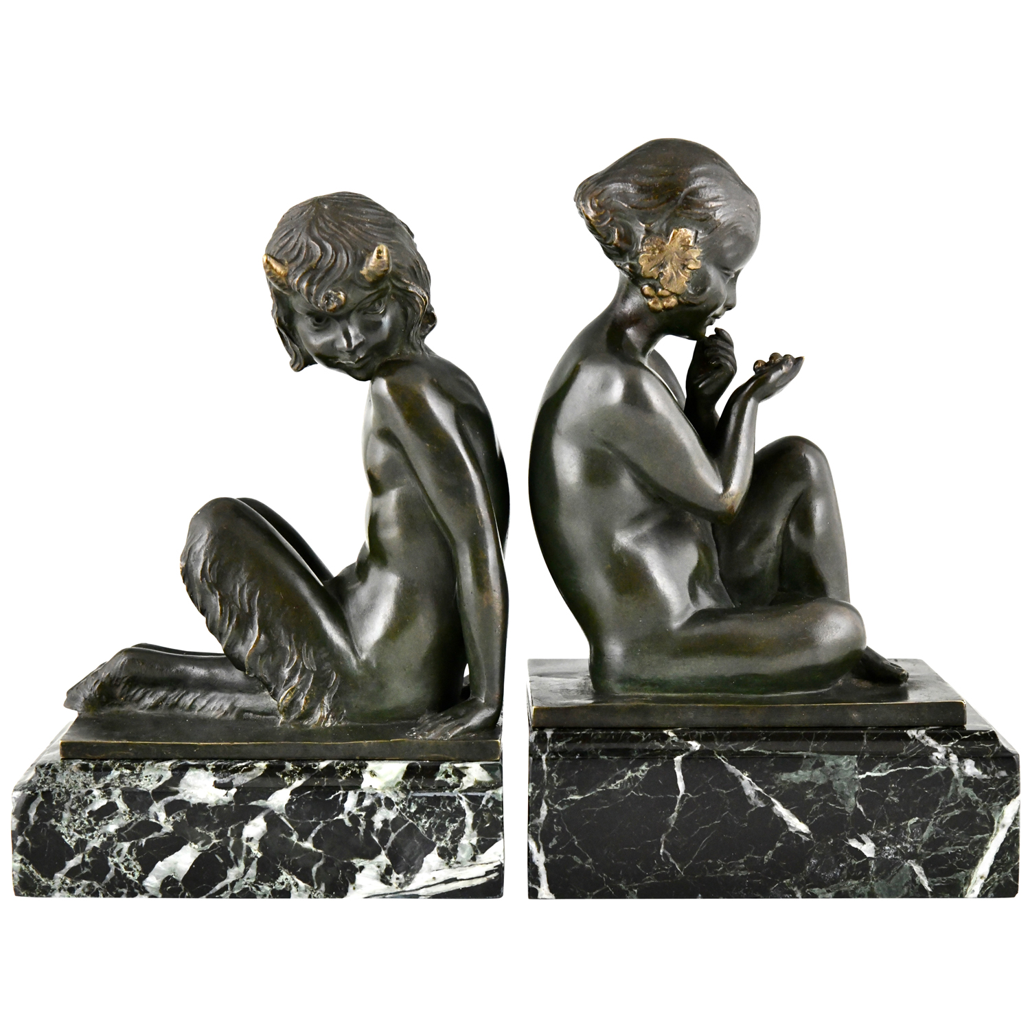 Laurel Art deco bronze bookends faun and girl- 1