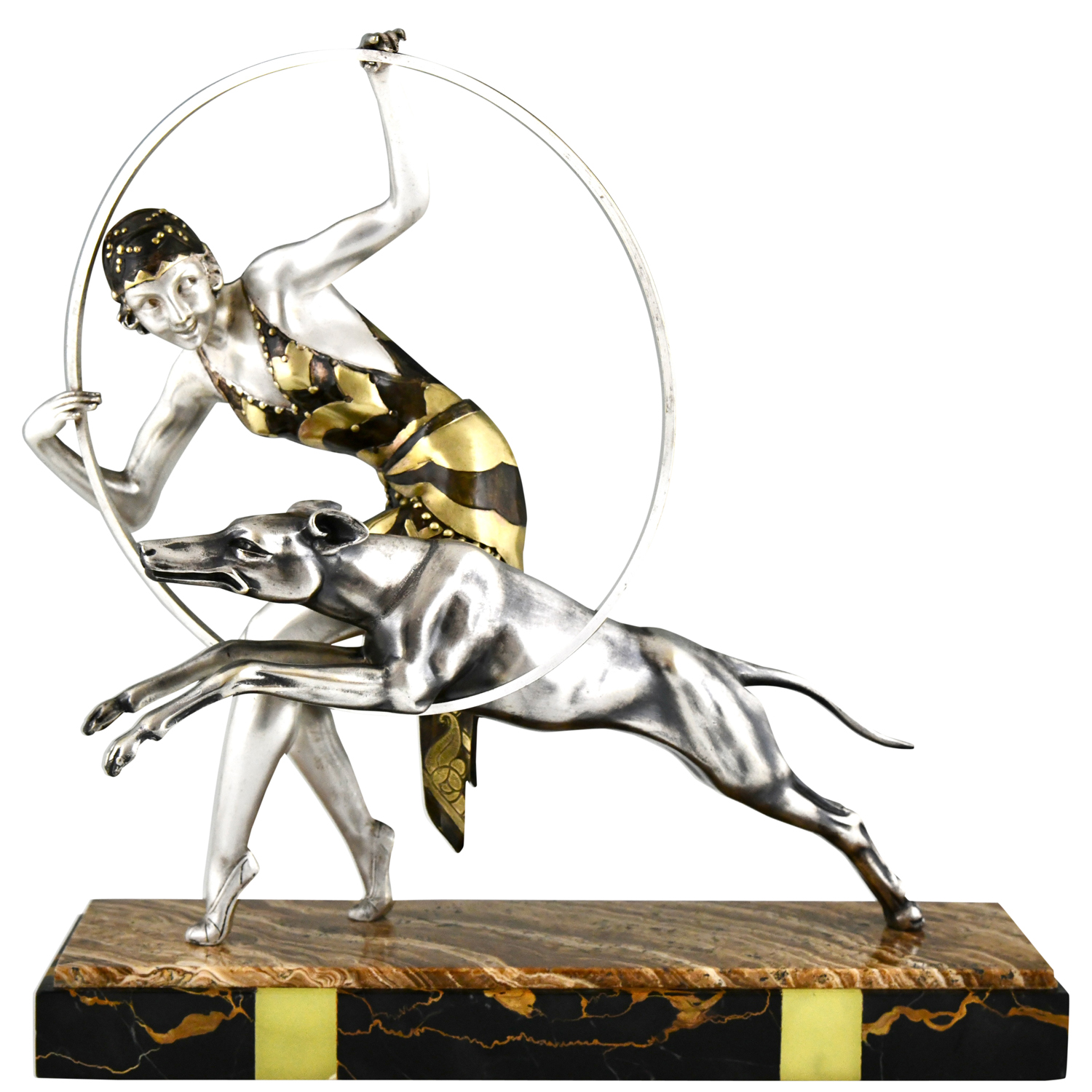 Sculpture Art Déco danseuse au cerceau avec chien Lmousin hoopdancer art deco with dog