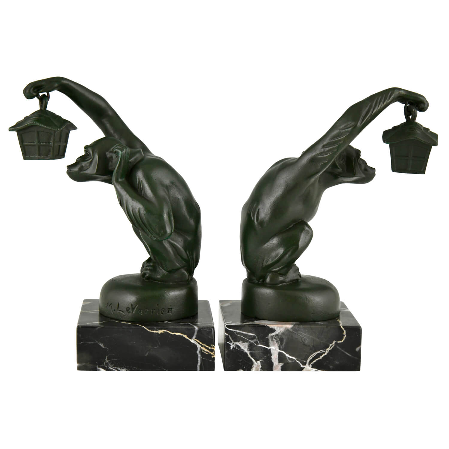 Art Deco bookends monkey with lantern. Art deco mankey bookends Max Le Verrier Boubou