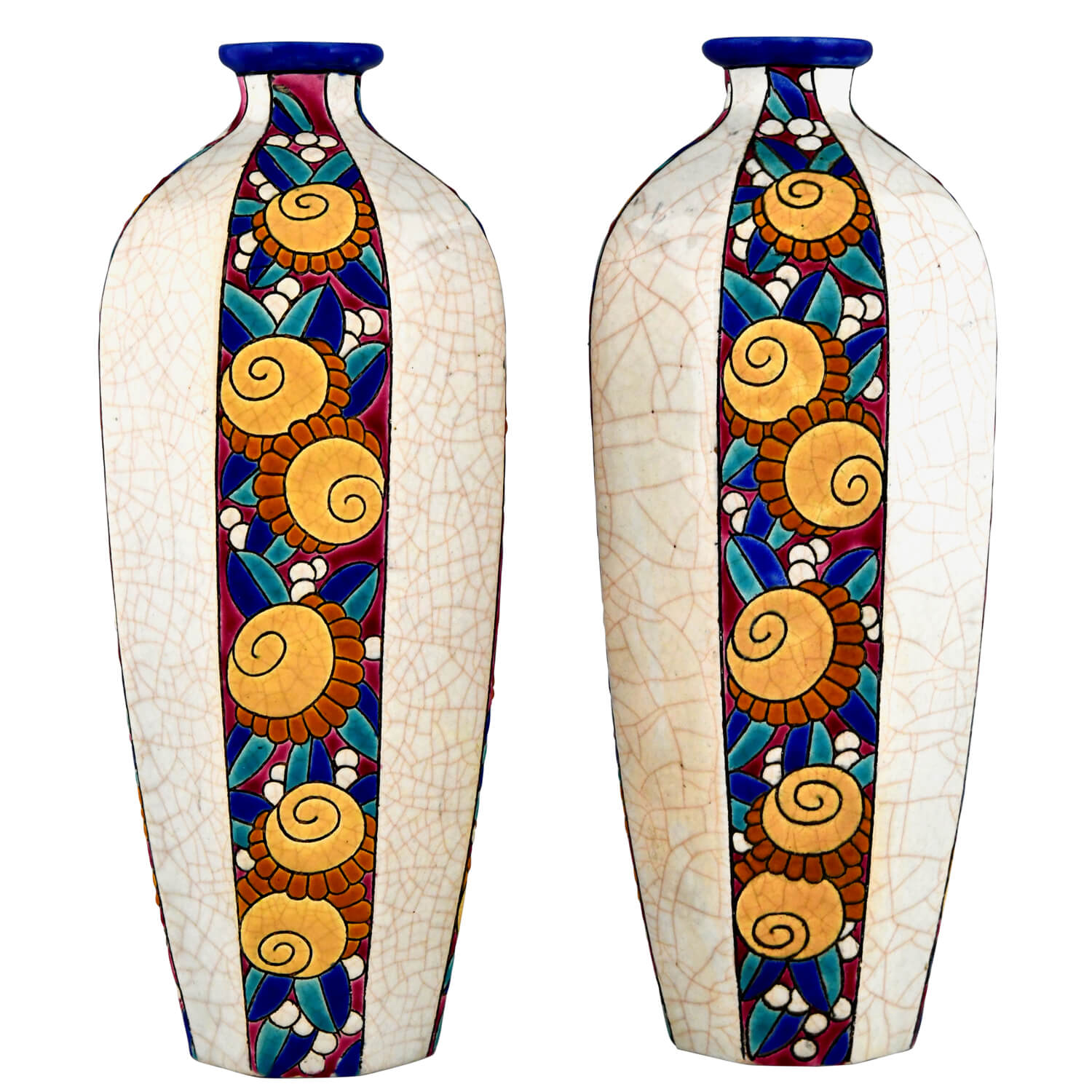 Pair of Art Deco vases Longwy flowers 1930
