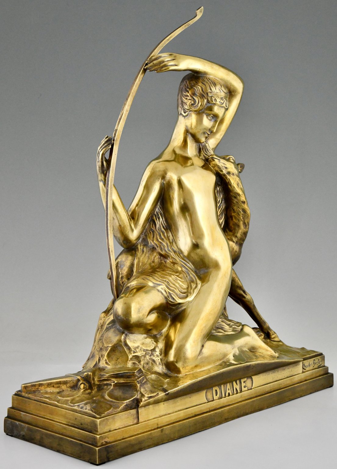Art Deco bronze sculpture Diana with bow and fawn. Deconamic