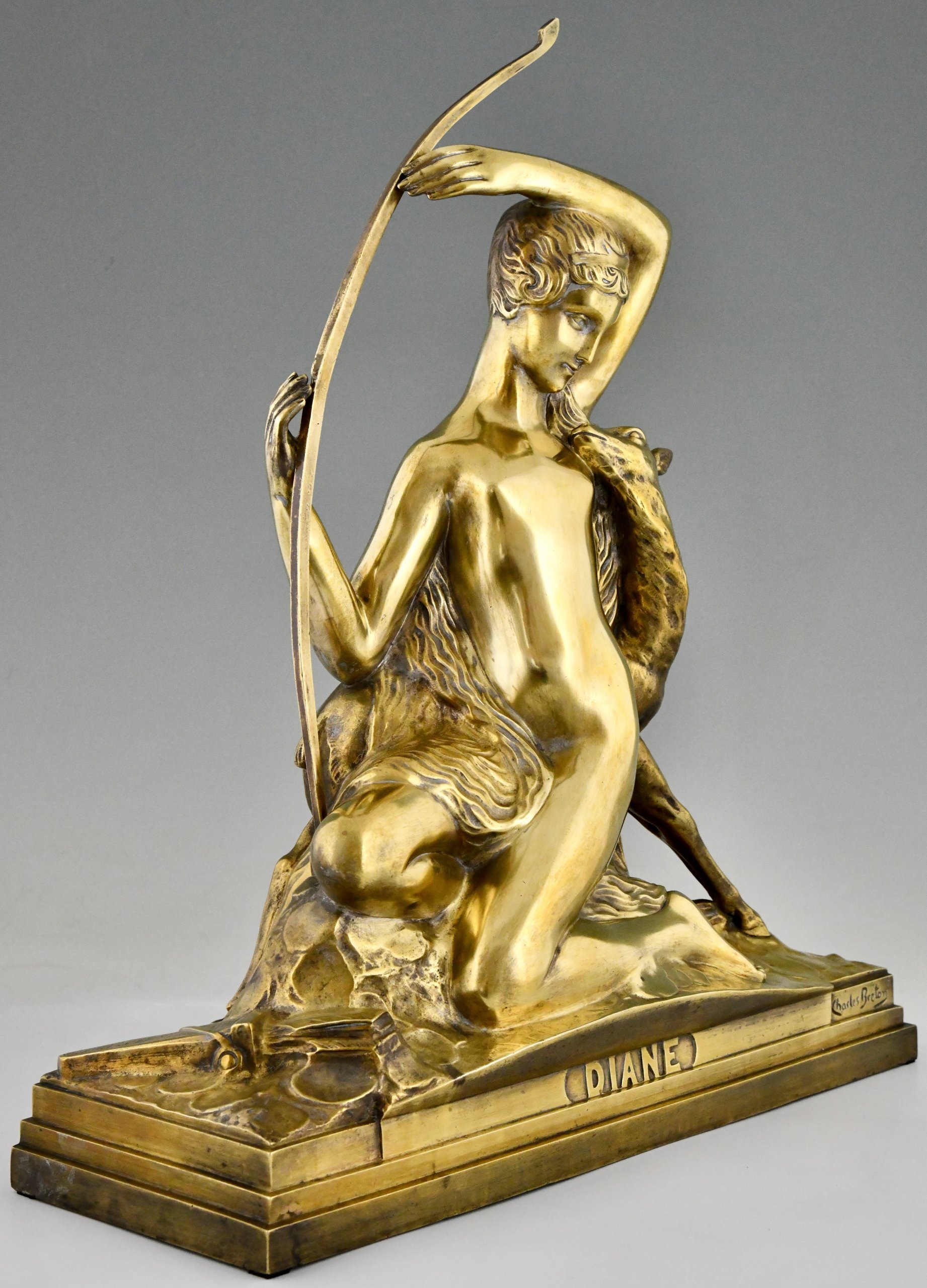 Art Deco bronze sculpture Diana with bow and fawn.