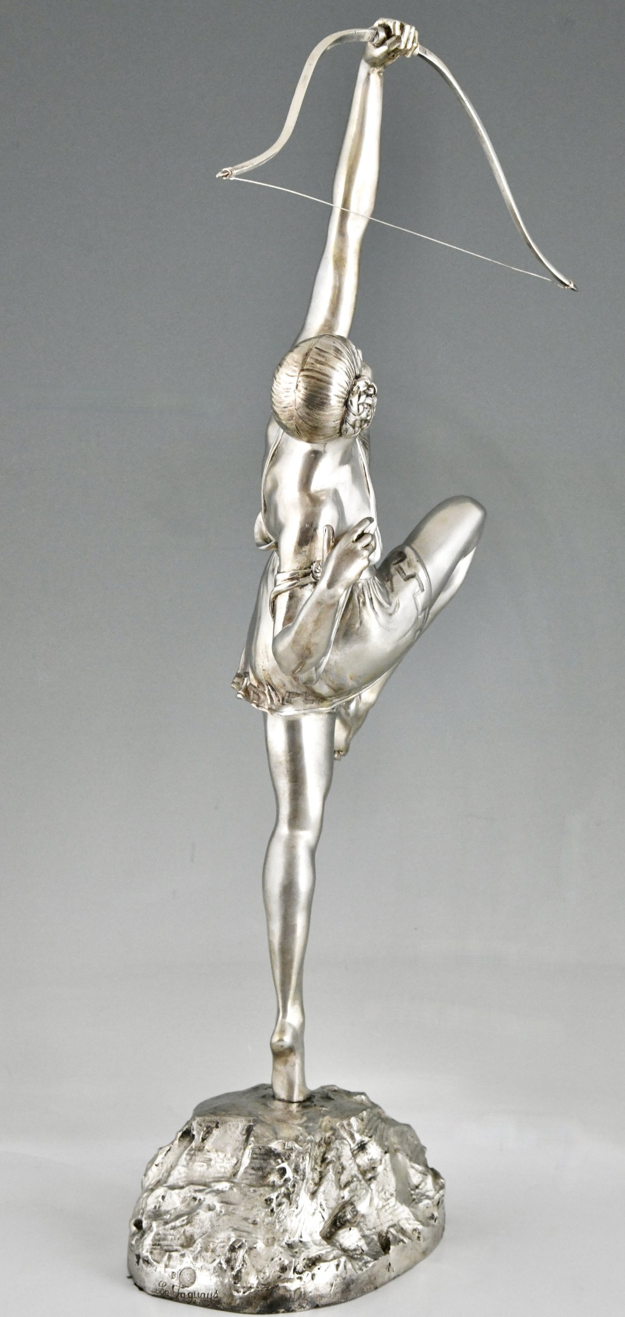 Art Deco silvered bronze sculpture Diana with bow