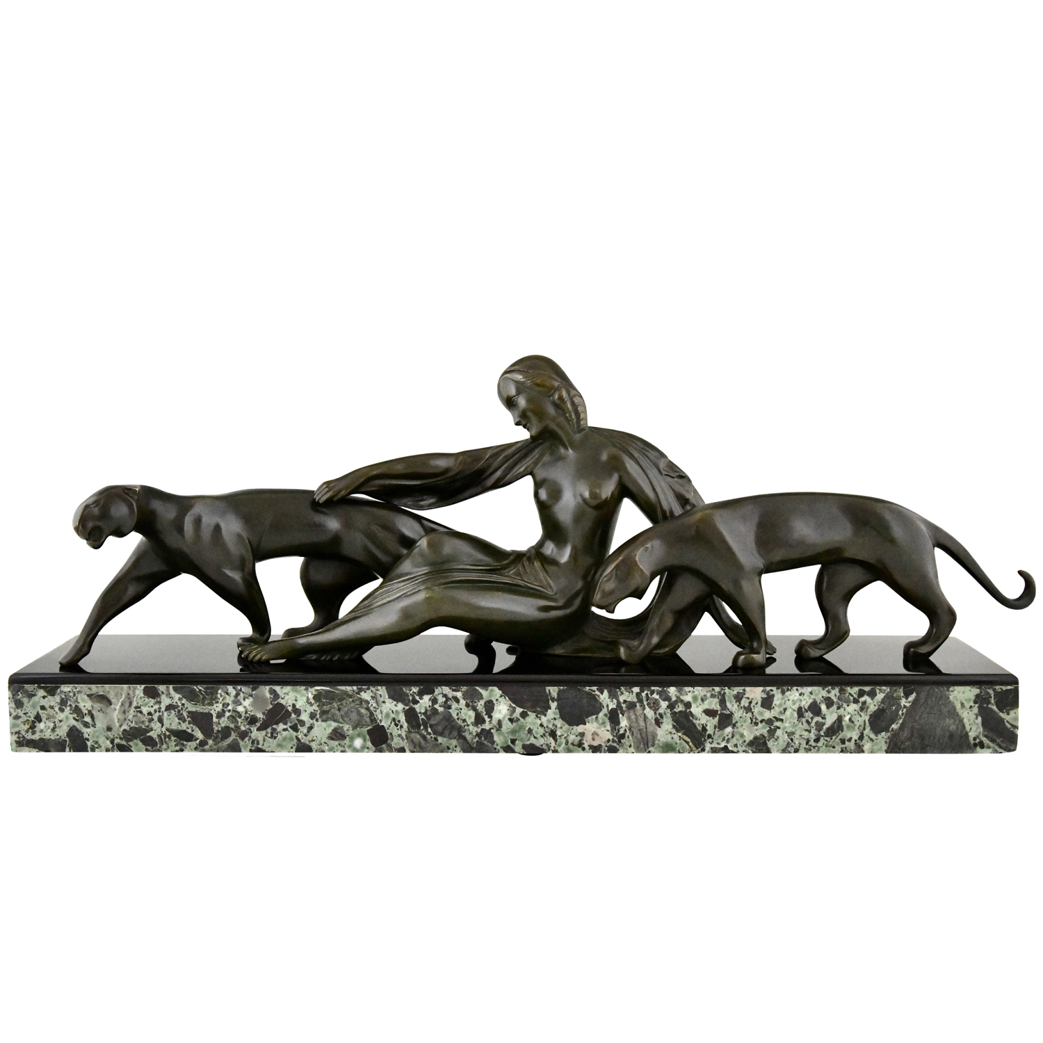 Art Deco bronze lady with two panthers by Michel Decoux - 1
