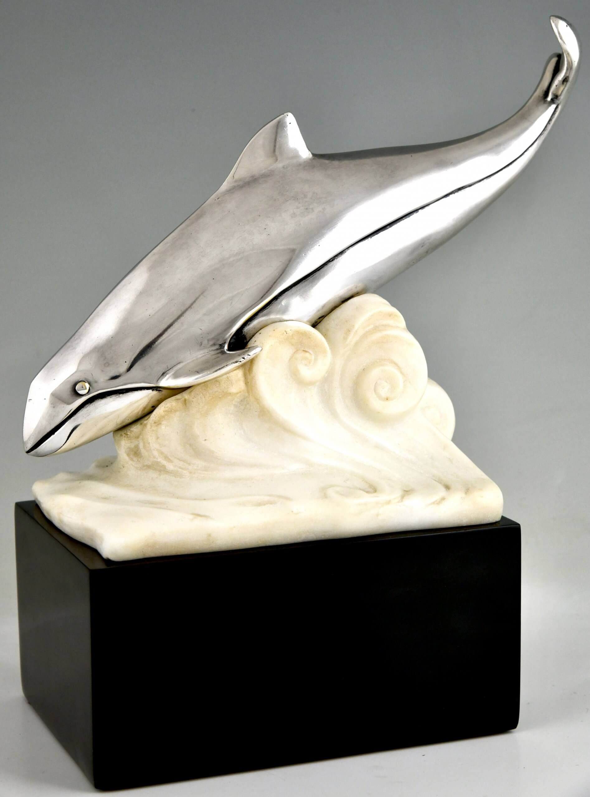 Art Deco bronze sculpture whale in the waves.  