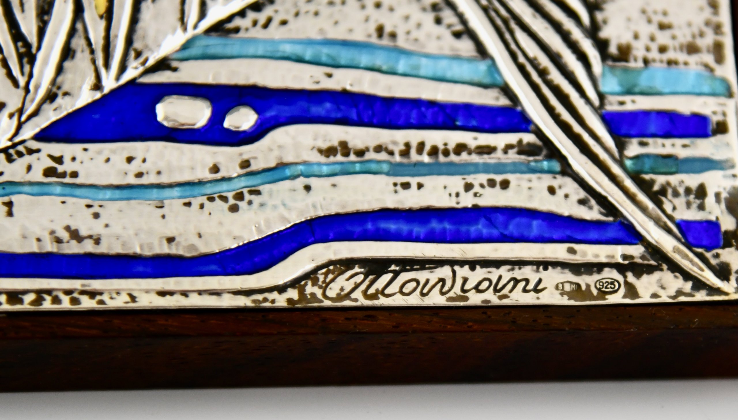 Mid century silver and enamel box with fish