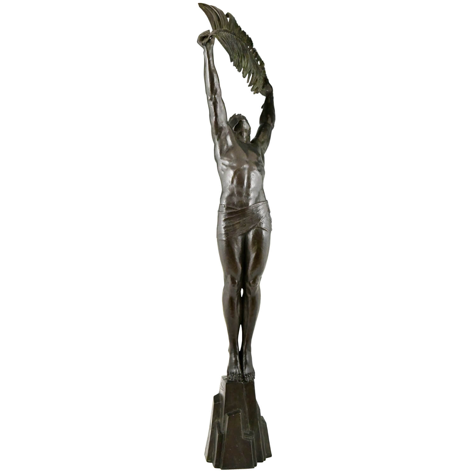 Sculpture en bronze Art Déco athlète avec feuille de palmier