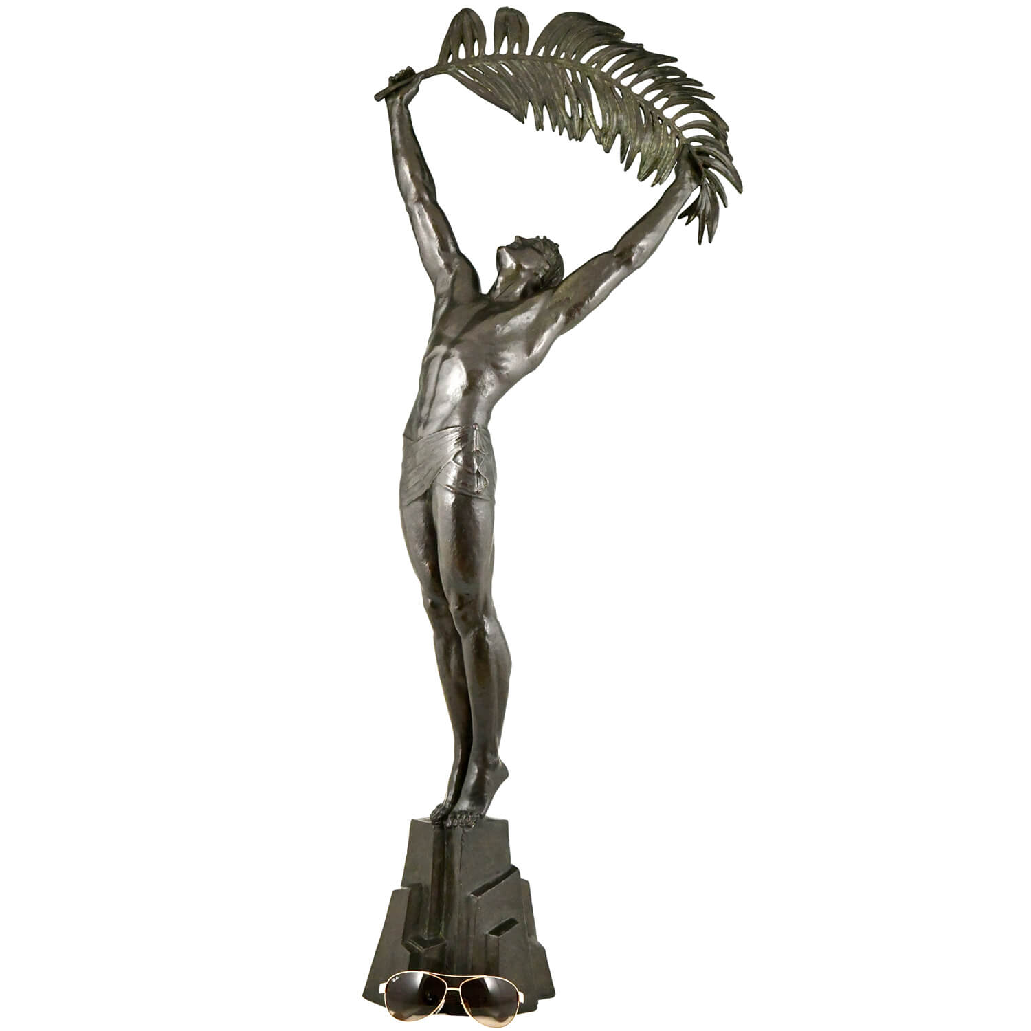 Art Deco bronzen sculptuur atleet met palmblad