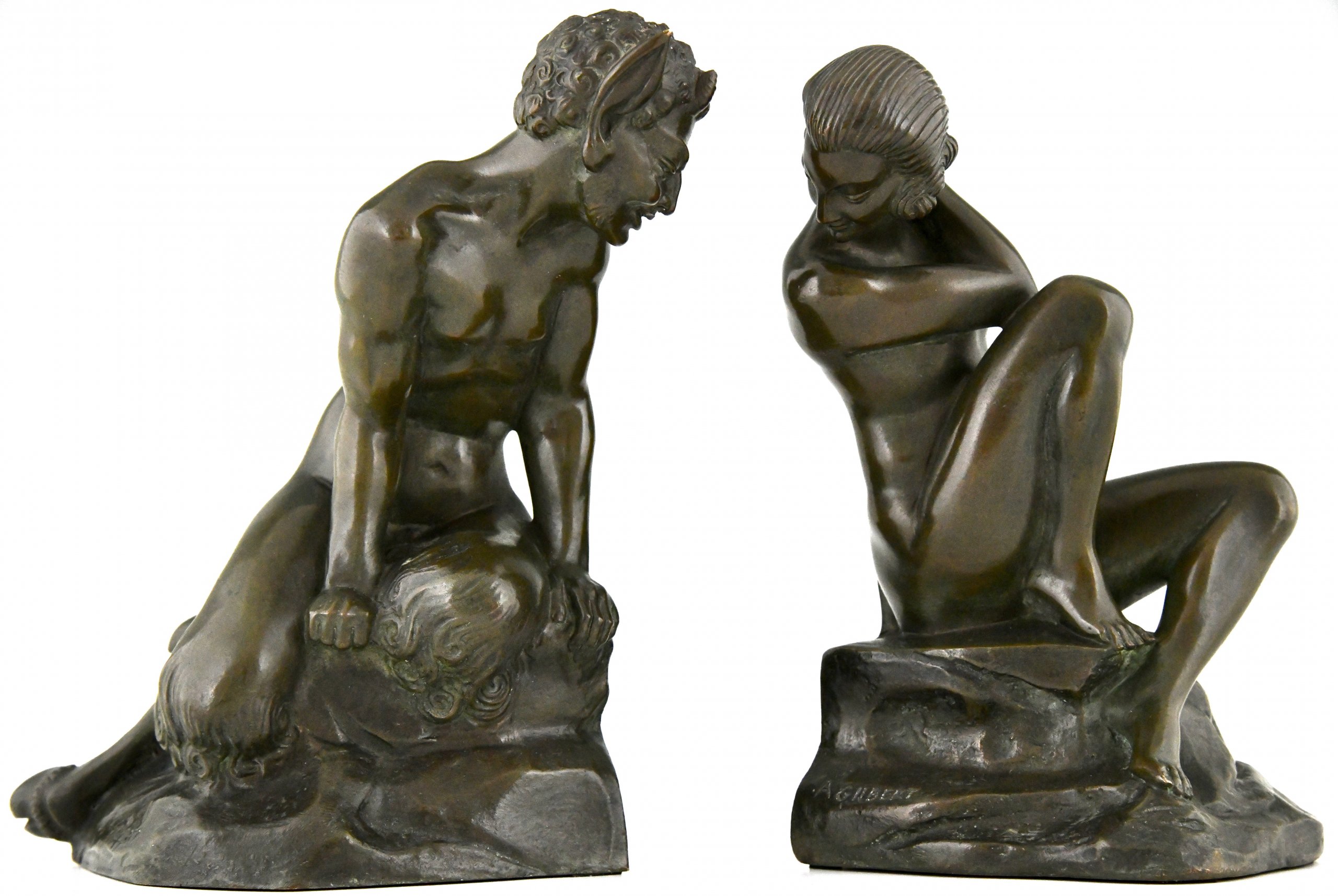 Art Deco bronze bookends faun and nude.