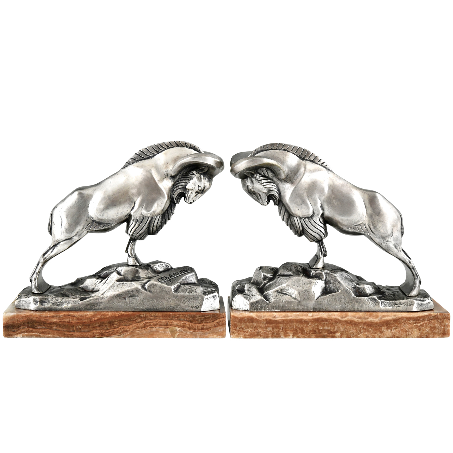 Art Deco bronze ibex bookends Charles - 1