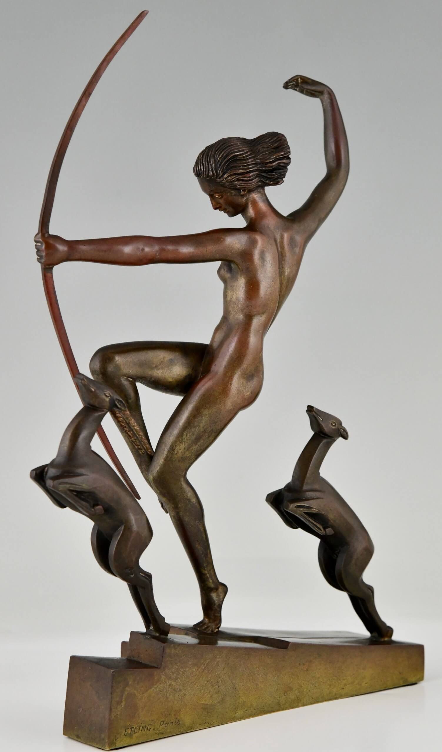 Art Deco bronze sculpture Diana with fawns.