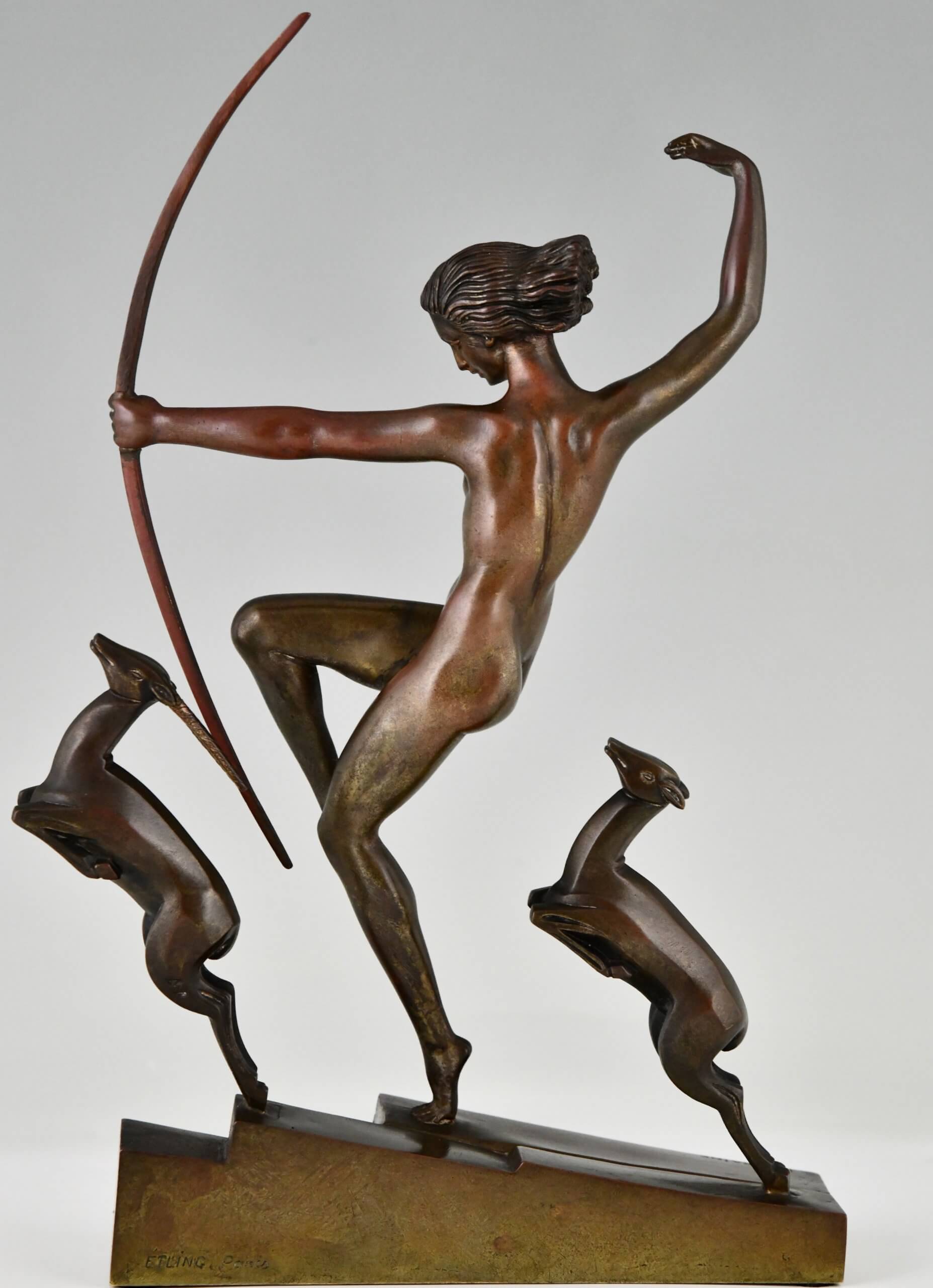 Art Deco bronze sculpture Diana with fawns.