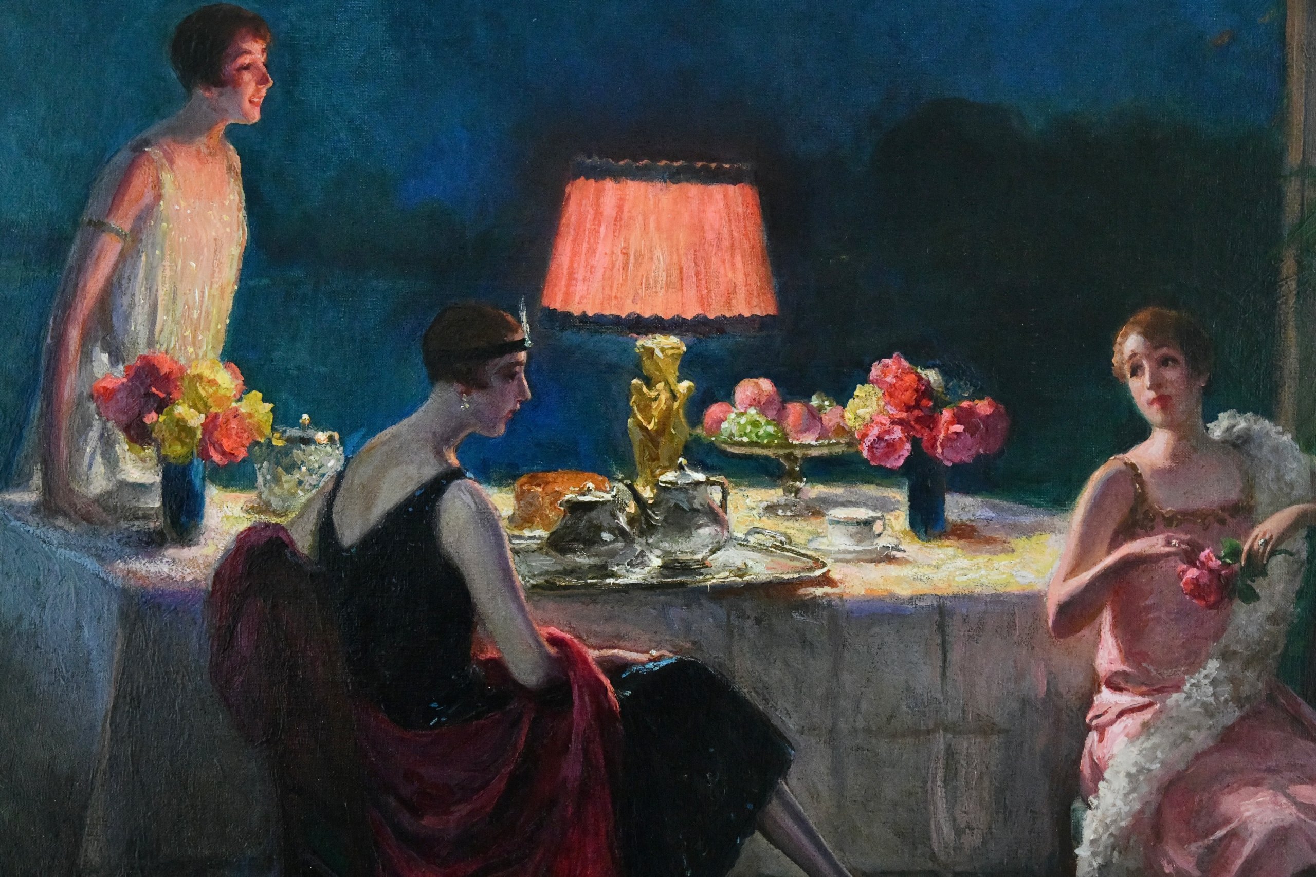Tableau Art Déco intérieur avec des dames à l’heure du thé