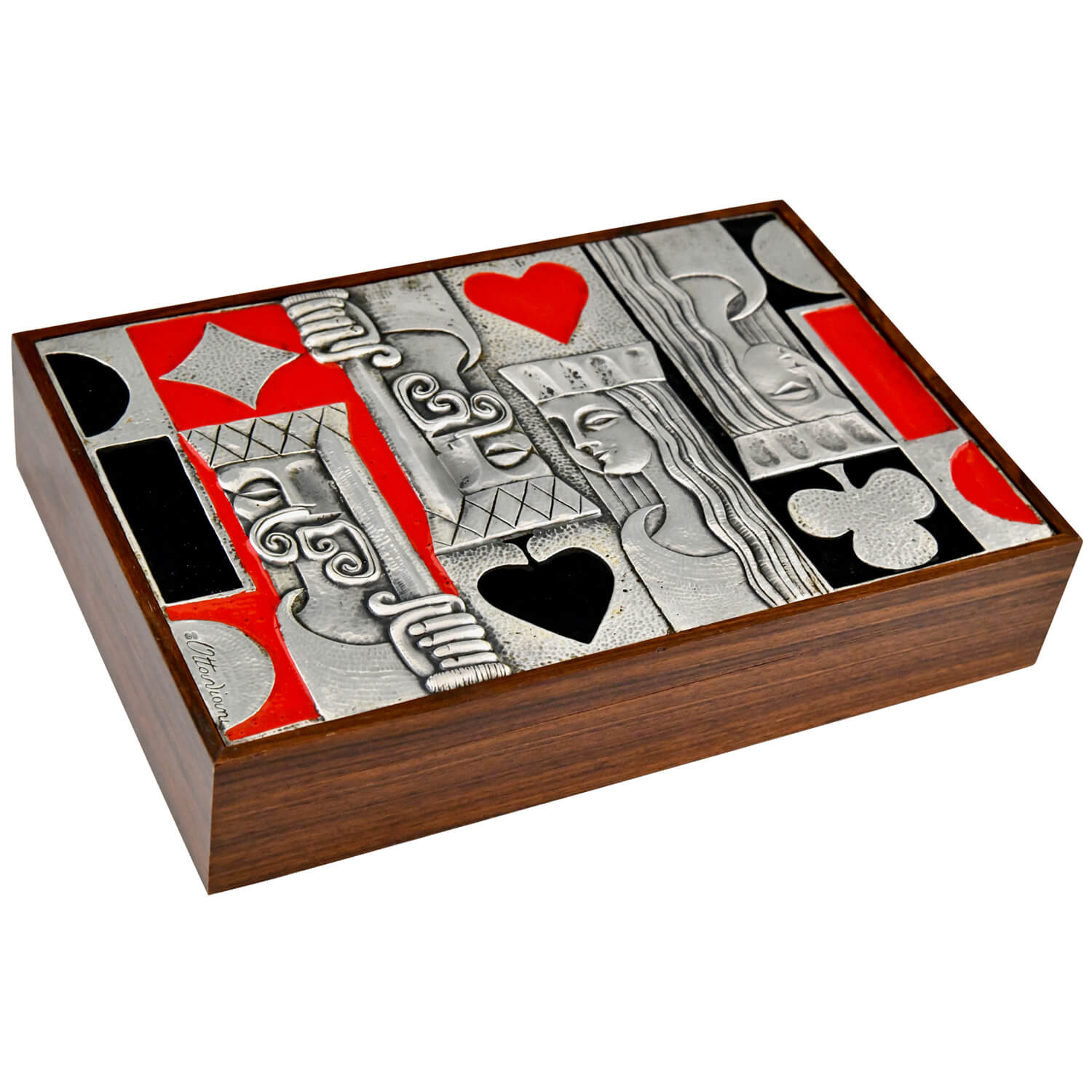 Ottaviani sterling silver, enamel and wood card playing box, Italy 1979. Signed Ottaviani, Sterling silver mark 925 mark.  Complete set of playing cards, dice, cup and chips.