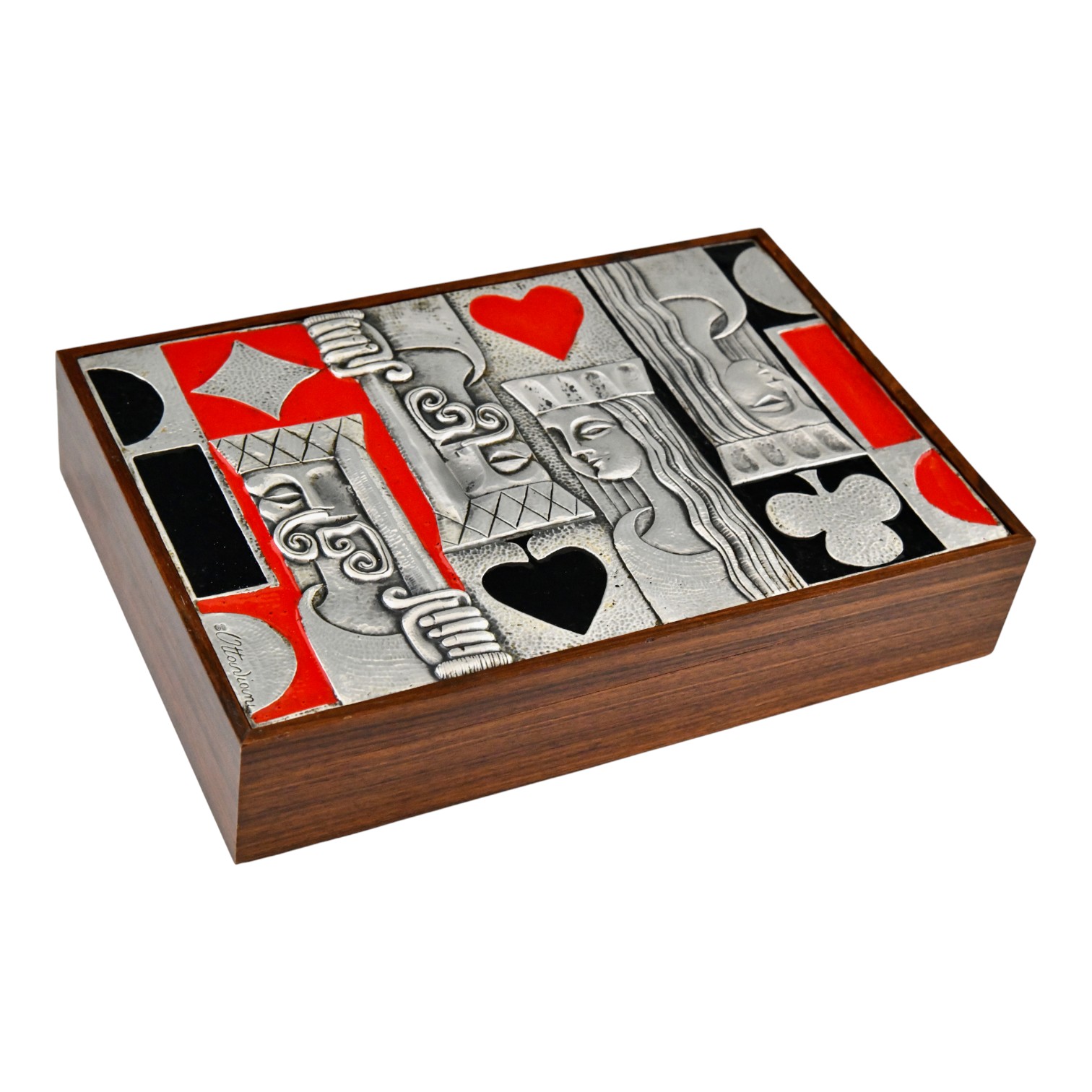 Mid Century Sterling silver enamel and wood playing card box. Mid Century Sterling silver enamel and wood playing card box.