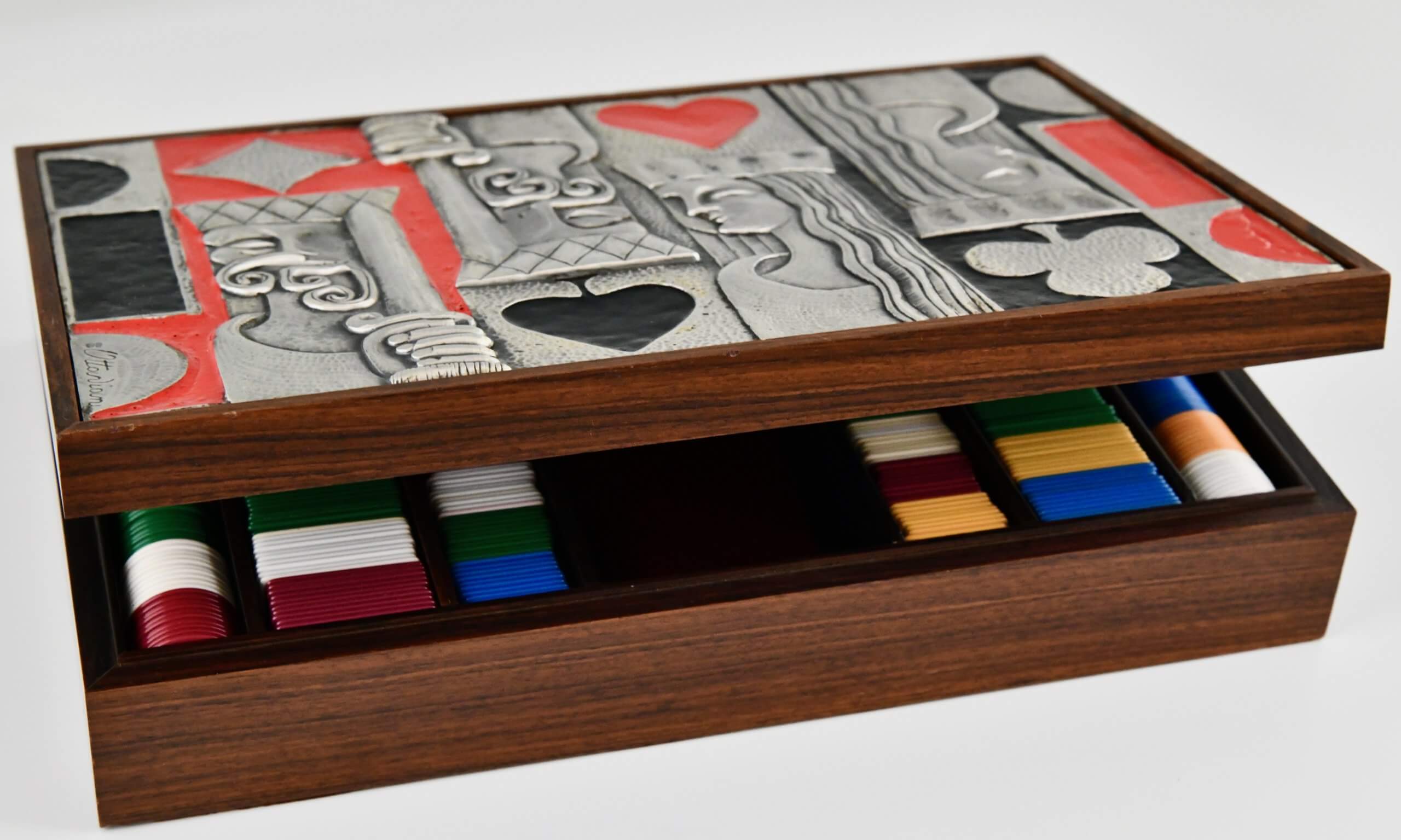 Spielkartenbox aus Emailliertes Sterlingsilber und holz 1970