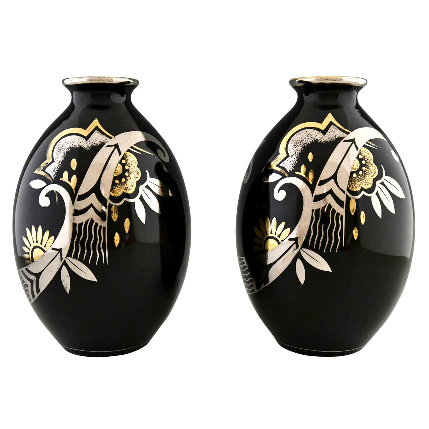 Art Deco vases Boch Frères black gold silver