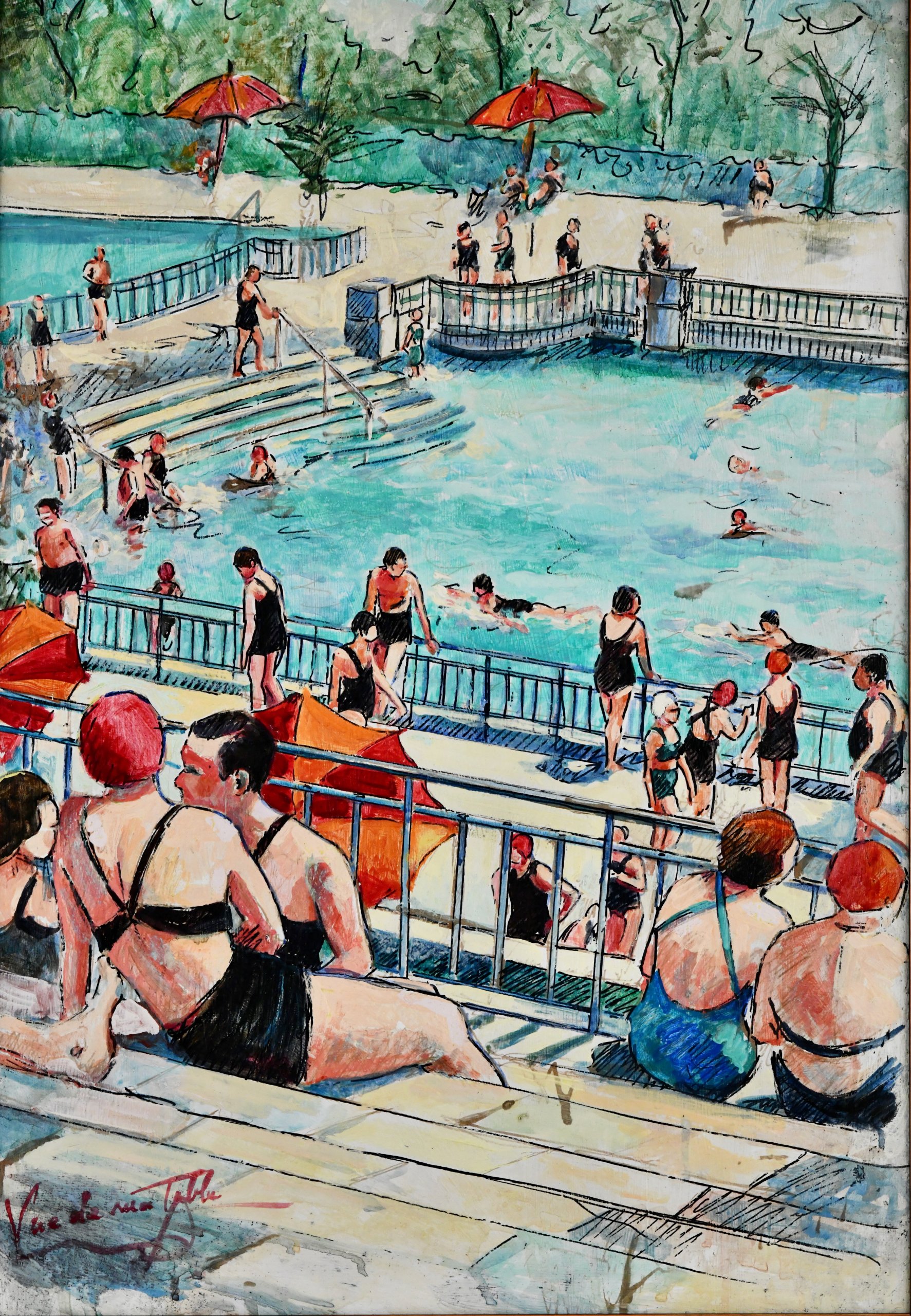 Art Deco schilderij van een zwembad