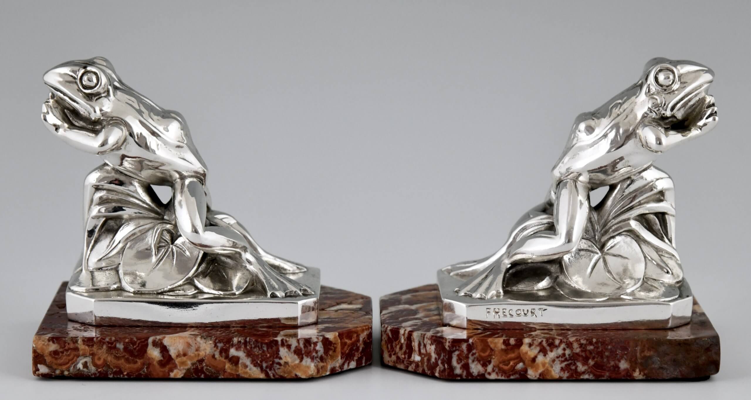 Art Deco silvered frog bookends.
