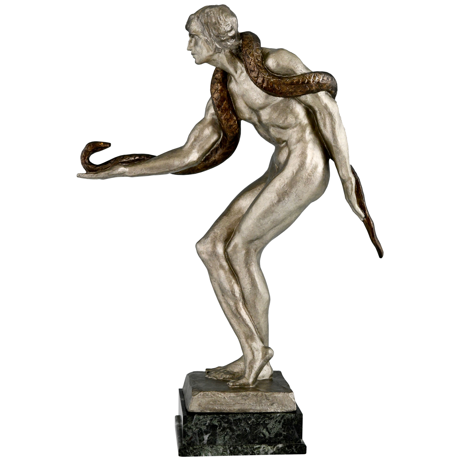 G. van de Voorde bronze Art Deco sculpture male nude with snake - 1