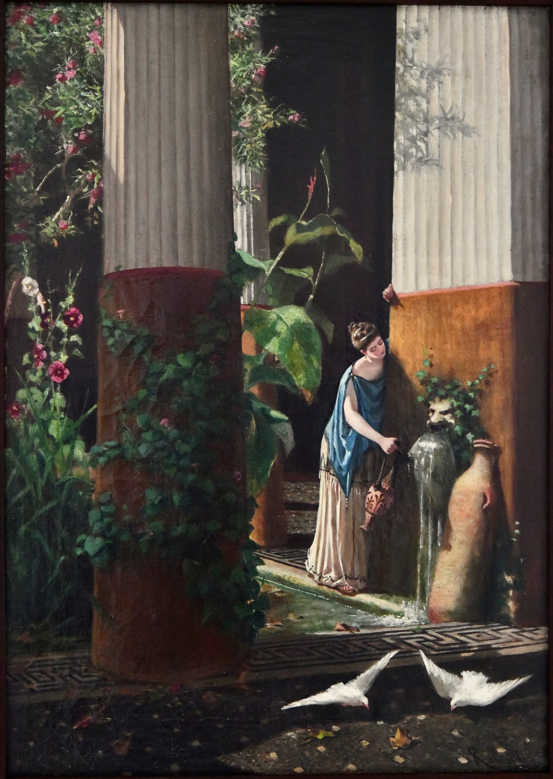Peinture Art Nouveau femme elegante au puits