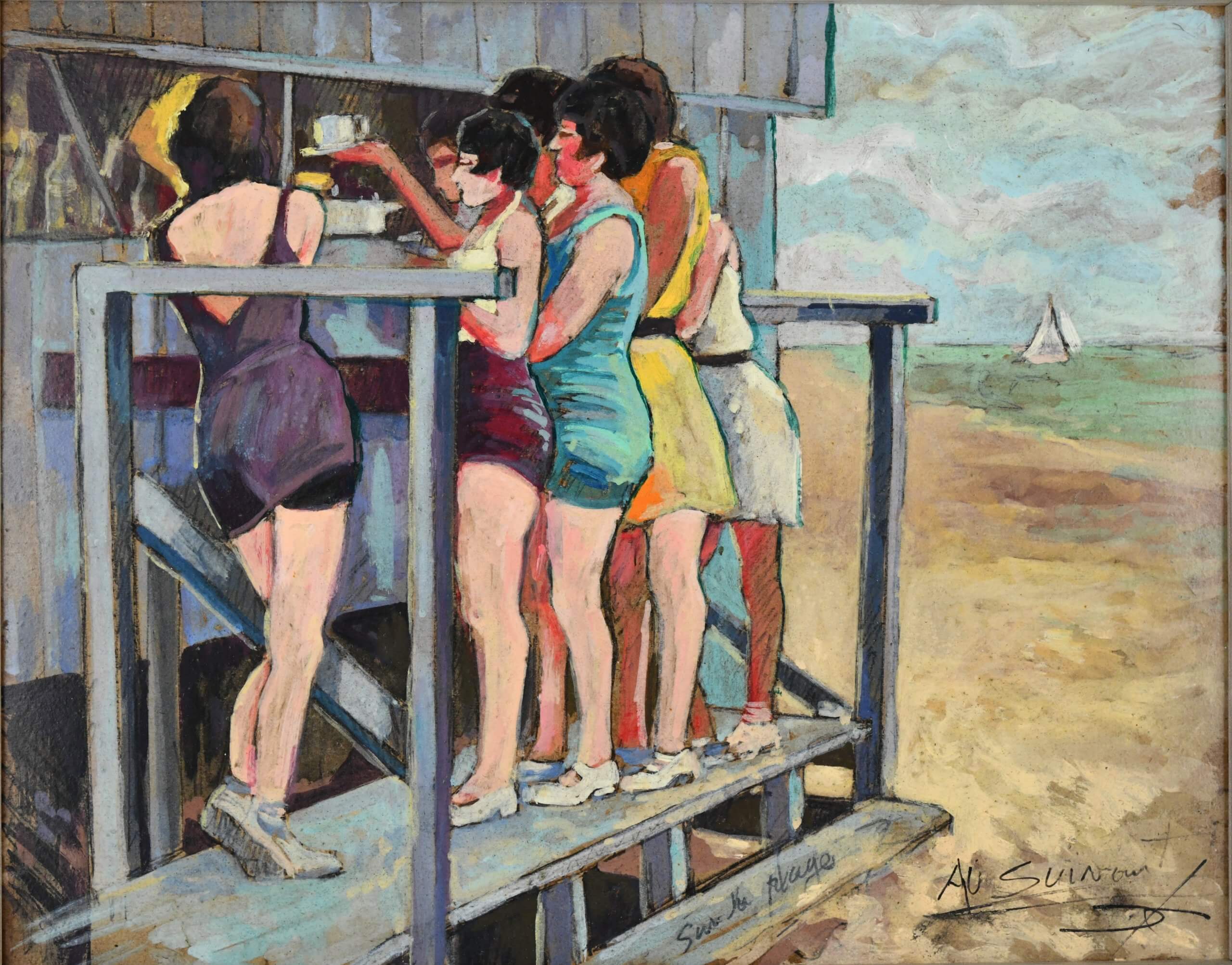 Art Deco painting bathers at ice cream stand.